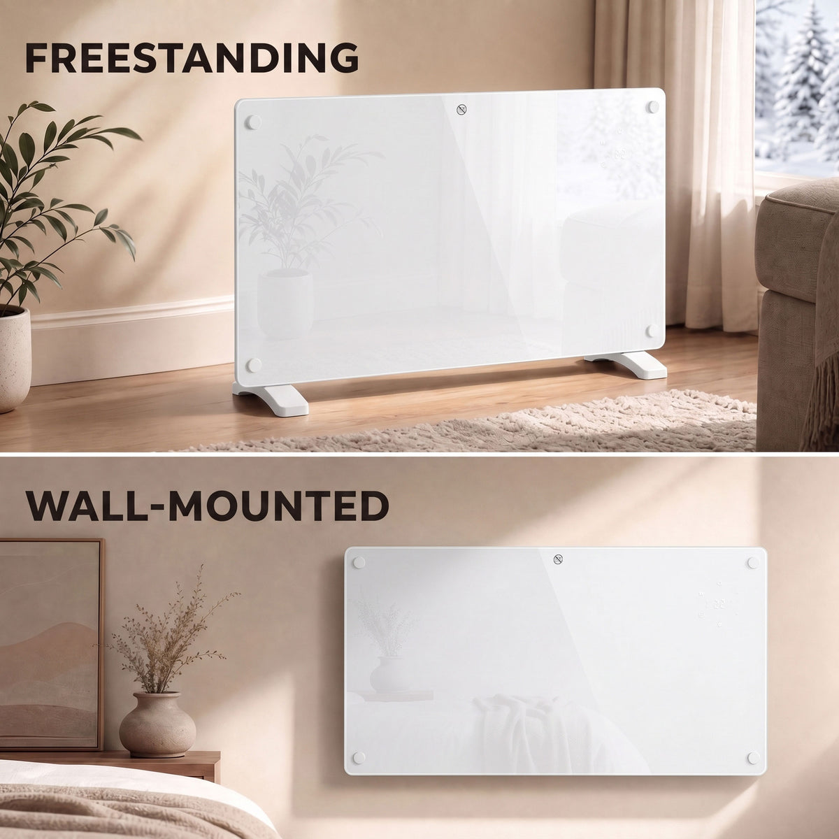 1500W Smart Glass Panel Heater Wall Mounted & Freestanding, Wifi Enabled, Works With Alexa & Google Home, Electric Heater with Weekly Timer, Open Window & Anti-Frost Mode, Thermostat, White