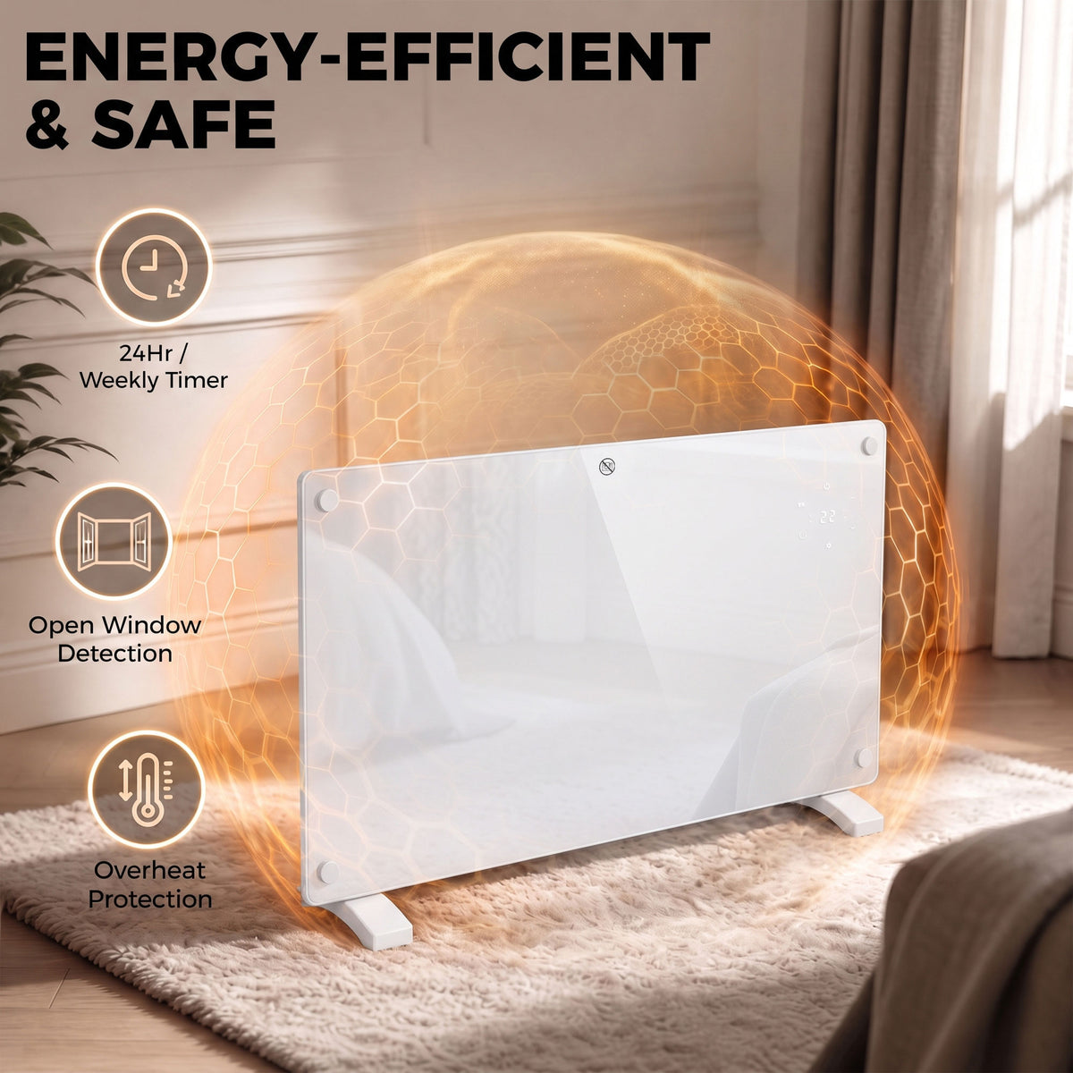 1500W Smart Glass Panel Heater Wall Mounted & Freestanding, Wifi Enabled, Works With Alexa & Google Home, Electric Heater with Weekly Timer, Open Window & Anti-Frost Mode, Thermostat, White