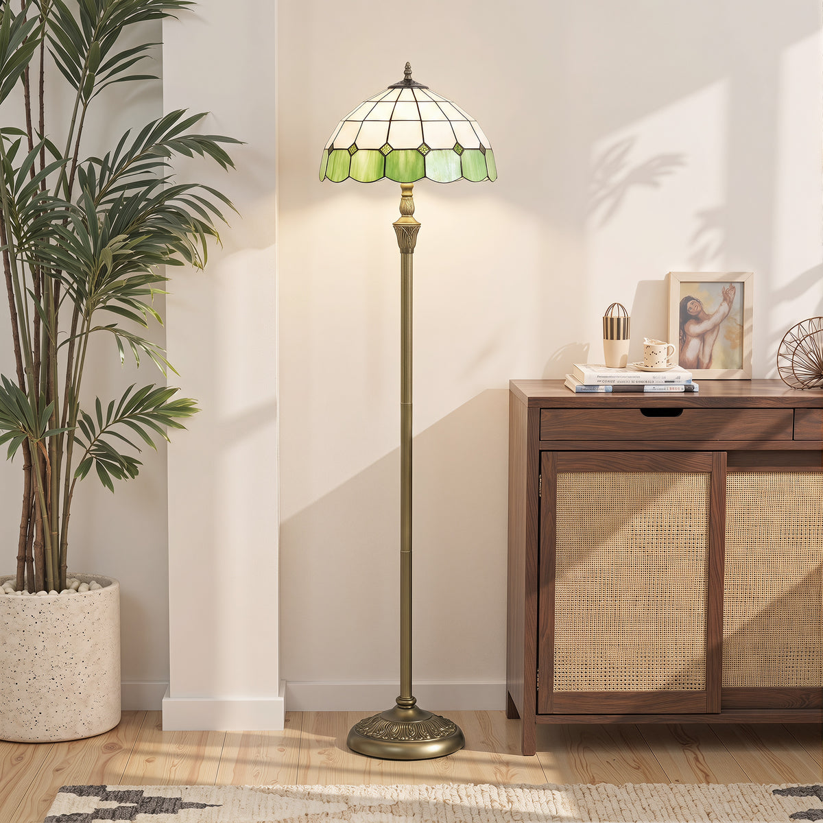 Tiffany-Style Floor Lamp with Handcrafted Stained Glass Shade, 152cm Tall Vintage Standing Lamp with Foot Switch and Dual Sockets for Living Room, Bedroom, Bronze Tone and Green