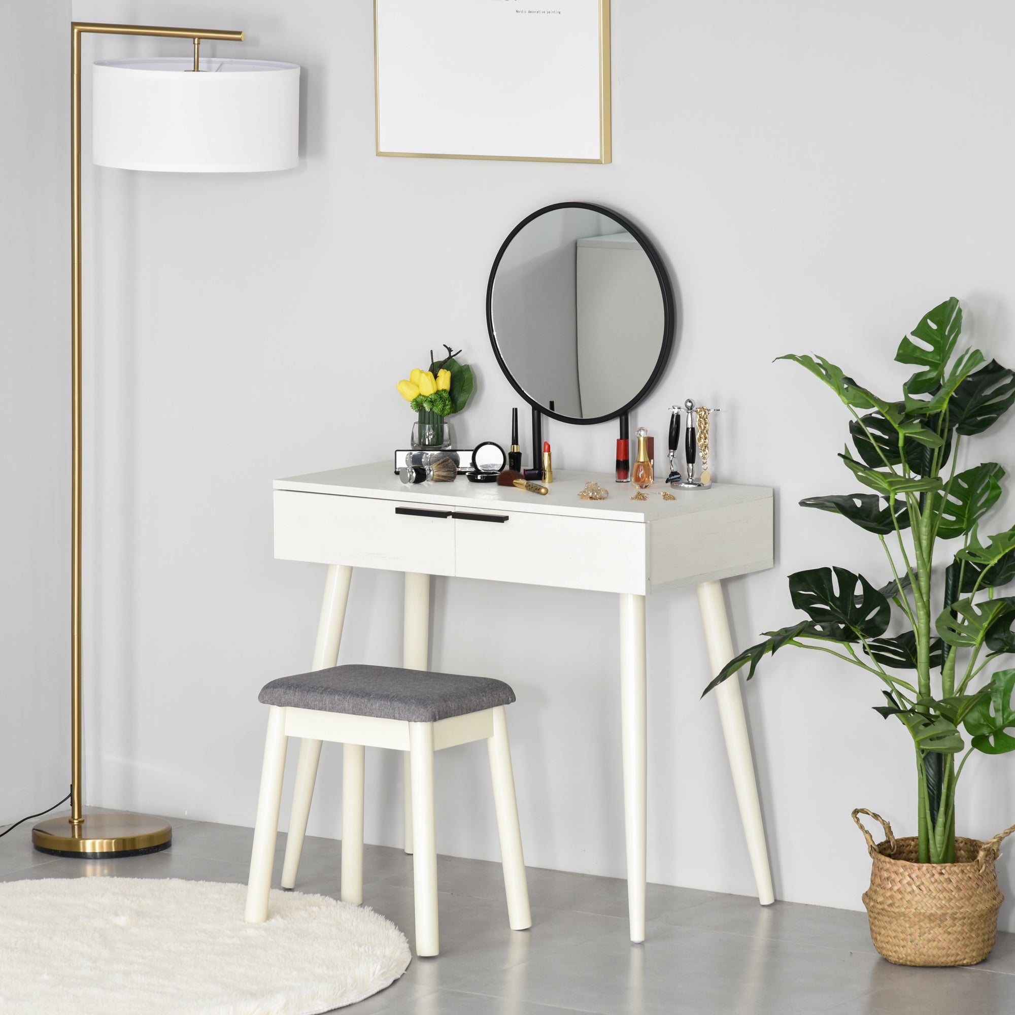 HOMCOM Dressing Table with Mirror and Stool, Vanity Makeup Desk Set with 2 Drawers, Cushioned Stool and Make-up Organizer for Bedroom and Dressing Room, White