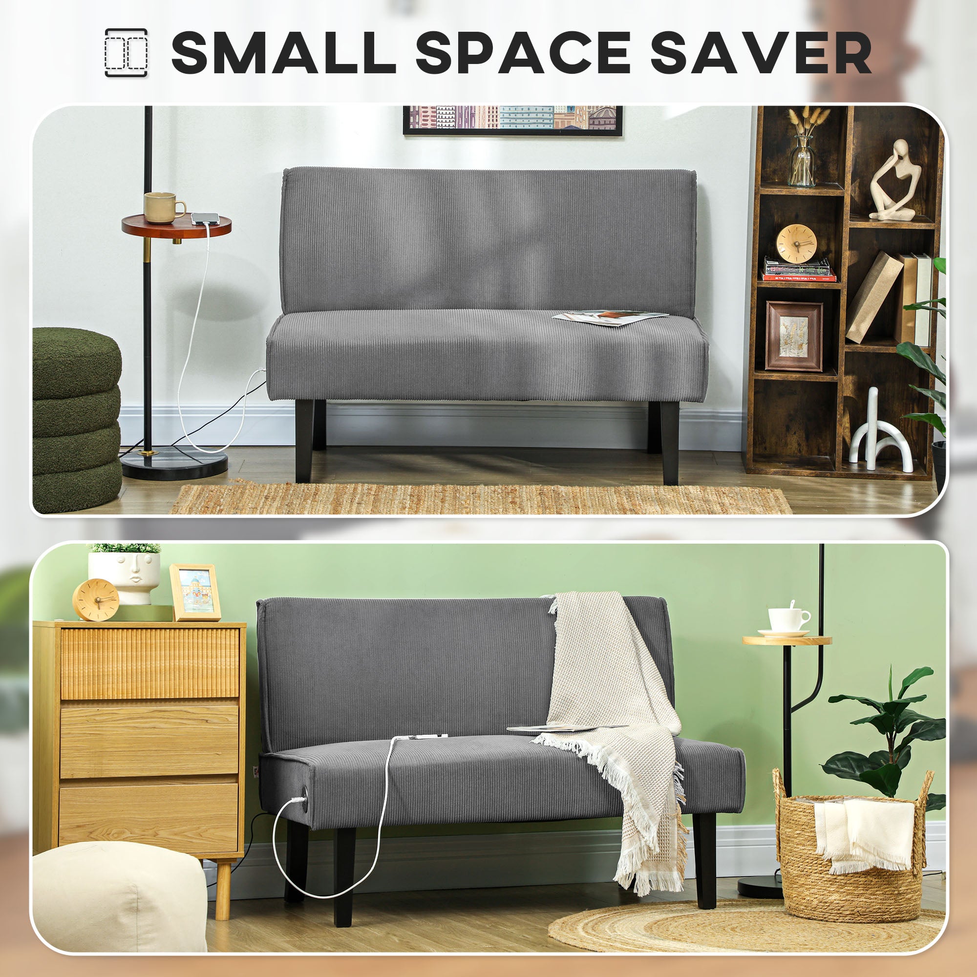 HOMCOM 46.5" Loveseat with USB Ports, Modern Love Seat with Rubber Wood Legs, Corduroy 2 Seater Sofa Couch for Living Room, Bedroom, Home Office, Small Space, Grey