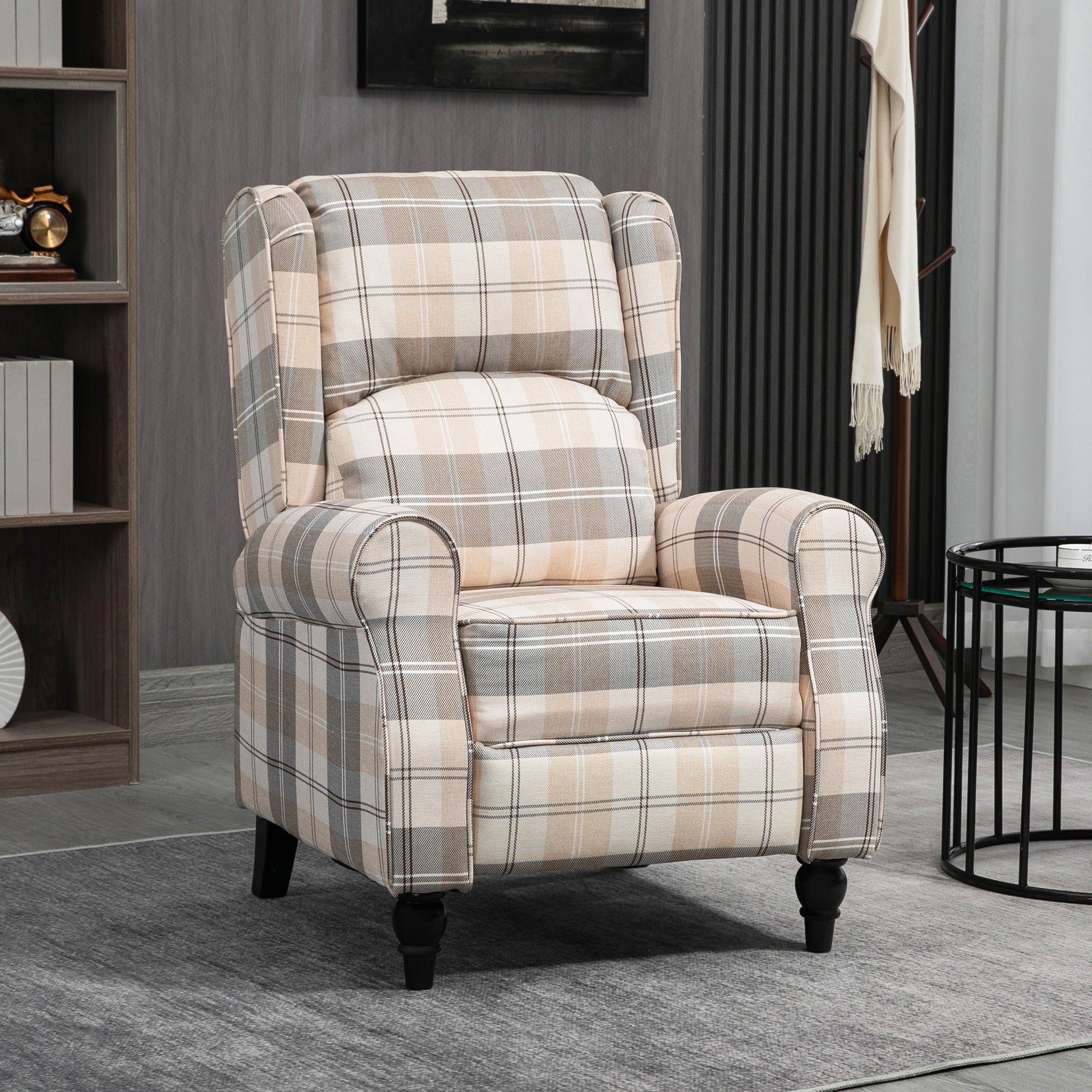 HOMCOM Wingback Recliner Armchair for Living Room, Pushback Reclining Chair with Round Armrests, Footrest and Rubber Wood Legs, Khaki