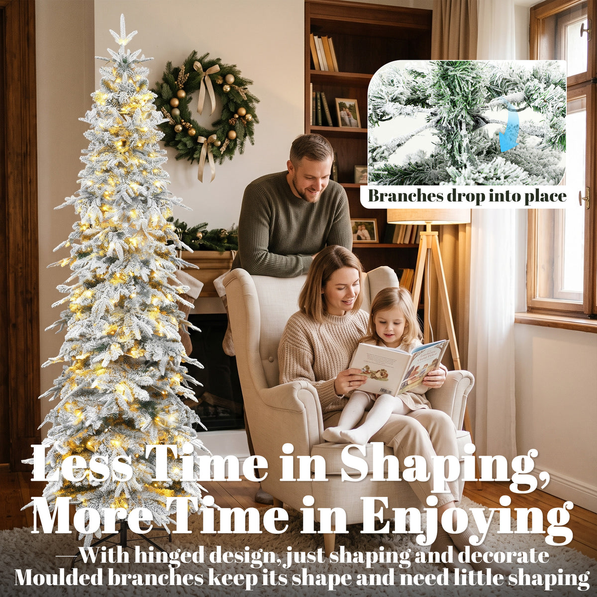 7ft Prelit Flocked Christmas Tree, Artificial Pencil Hinged Xmas Tree with Slim Downswept Shape, 350 Warm White LED Lights, 8 Modes, Daily Timer, 800 Tips, Remote, Steel Stand, Green White