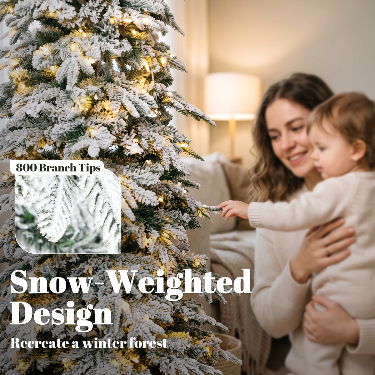 7ft Prelit Flocked Christmas Tree, Artificial Pencil Hinged Xmas Tree with Slim Downswept Shape, 350 Warm White LED Lights, 8 Modes, Daily Timer, 800 Tips, Remote, Steel Stand, Green White