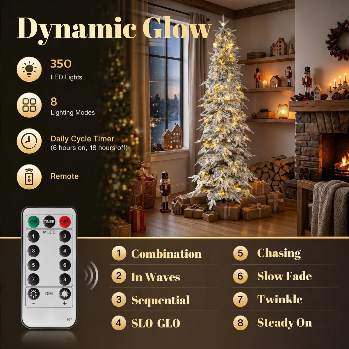 7ft Prelit Flocked Christmas Tree, Artificial Pencil Hinged Xmas Tree with Slim Downswept Shape, 350 Warm White LED Lights, 8 Modes, Daily Timer, 800 Tips, Remote, Steel Stand, Green White