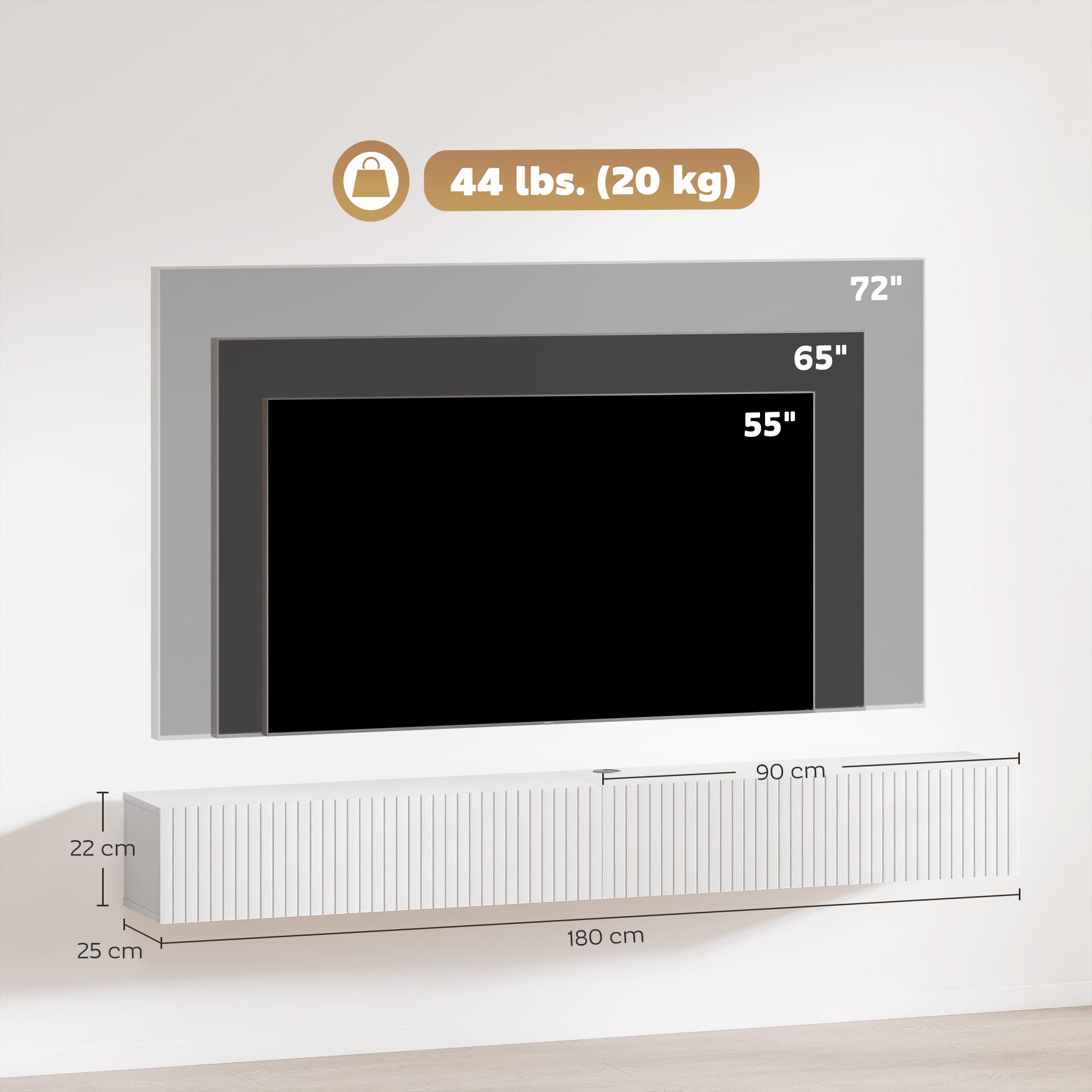 Floating TV Unit for Television up to 72 Inch, 180cm Wall Mount TV Stand Cabinet with Fluted Flip-Down Doors, Cable Management Hole, Entertainment Media Console for Living Room, Bedroom, White
