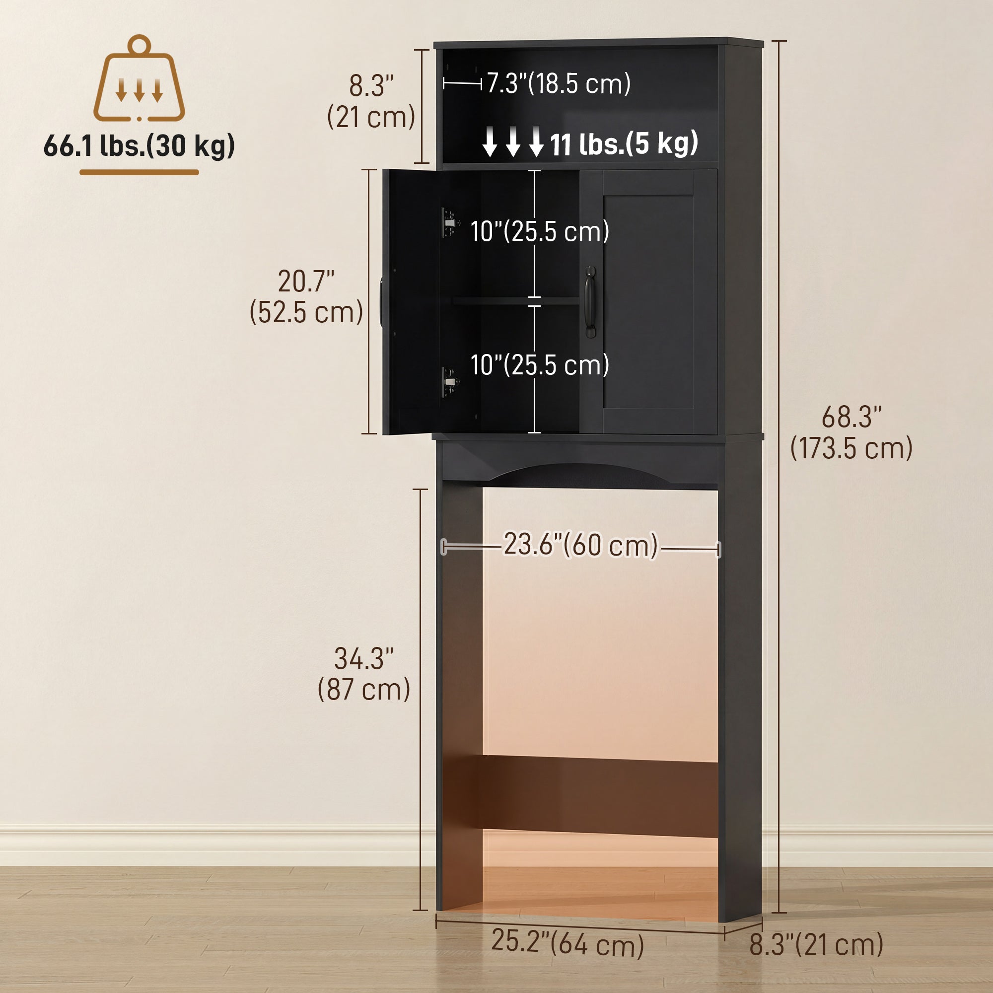 Over the Toilet Storage Cabinet, Over Toilet Bathroom Organizer with 2 Doors and Open Shelf, Freestanding Above Restroom Space Saver for Bathroom, Laundry, Restroom, Black