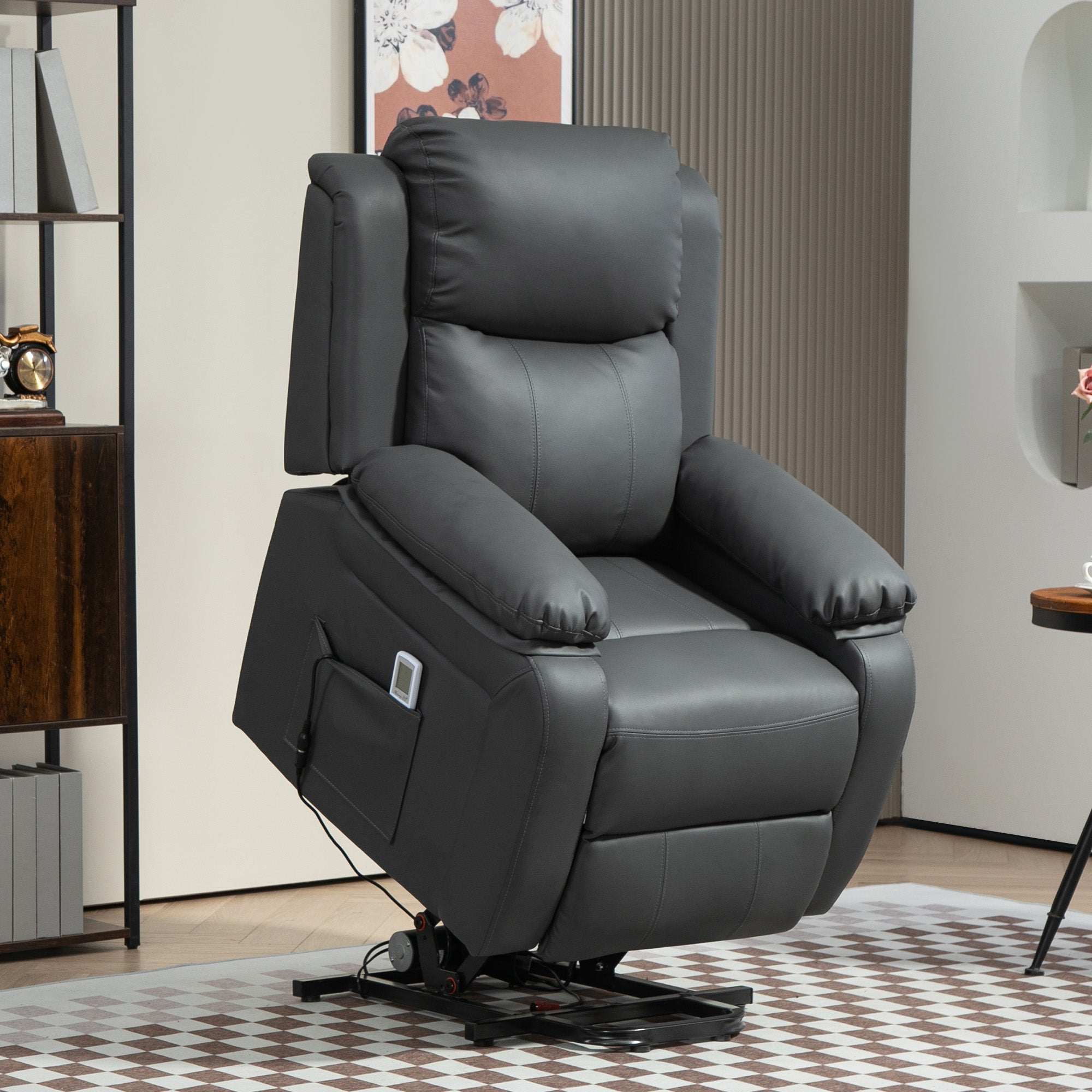 Riser and Recliner Chair with Vibration Massage, PU Leather Power Lift Chair for Elderly with Thick and High Back, Headrest, Removable Armrests, Side Pockets, Electric Lift Armchair, Dark Grey