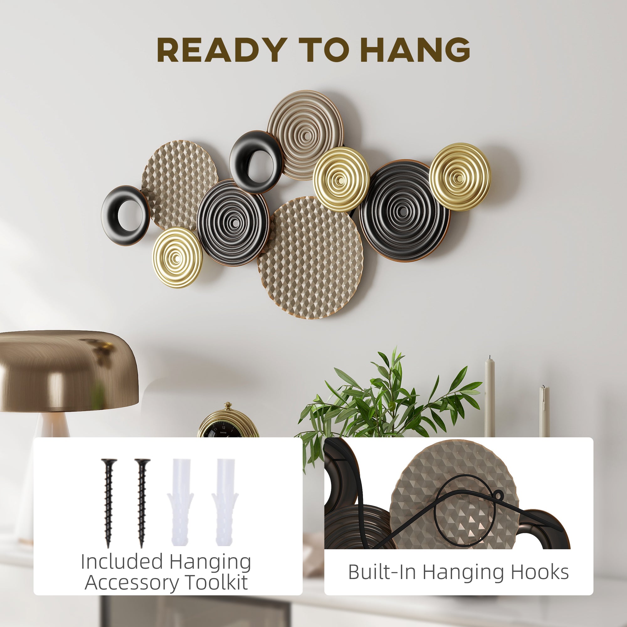 Metal Wall Art, Modern Hanging Wall Art Decor with Unique Multi-Disc Design, Horizontal or Vertical Metal Hanging Decoration for Living Room Bedroom Dining Room