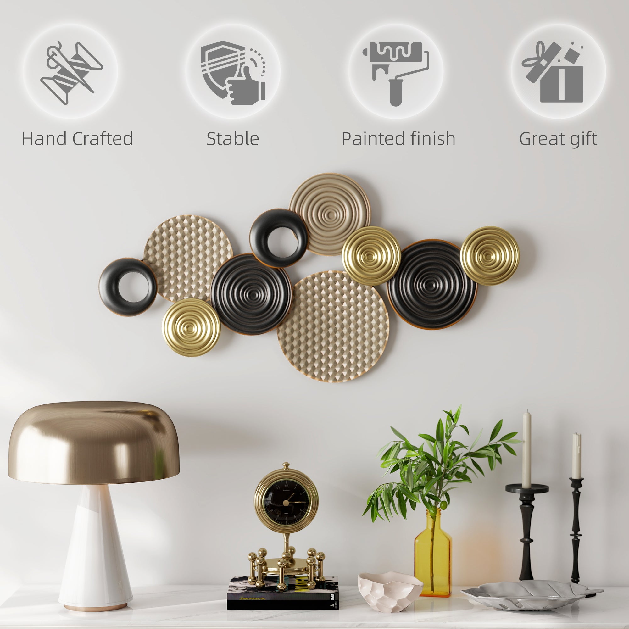Metal Wall Art, Modern Hanging Wall Art Decor with Unique Multi-Disc Design, Horizontal or Vertical Metal Hanging Decoration for Living Room Bedroom Dining Room