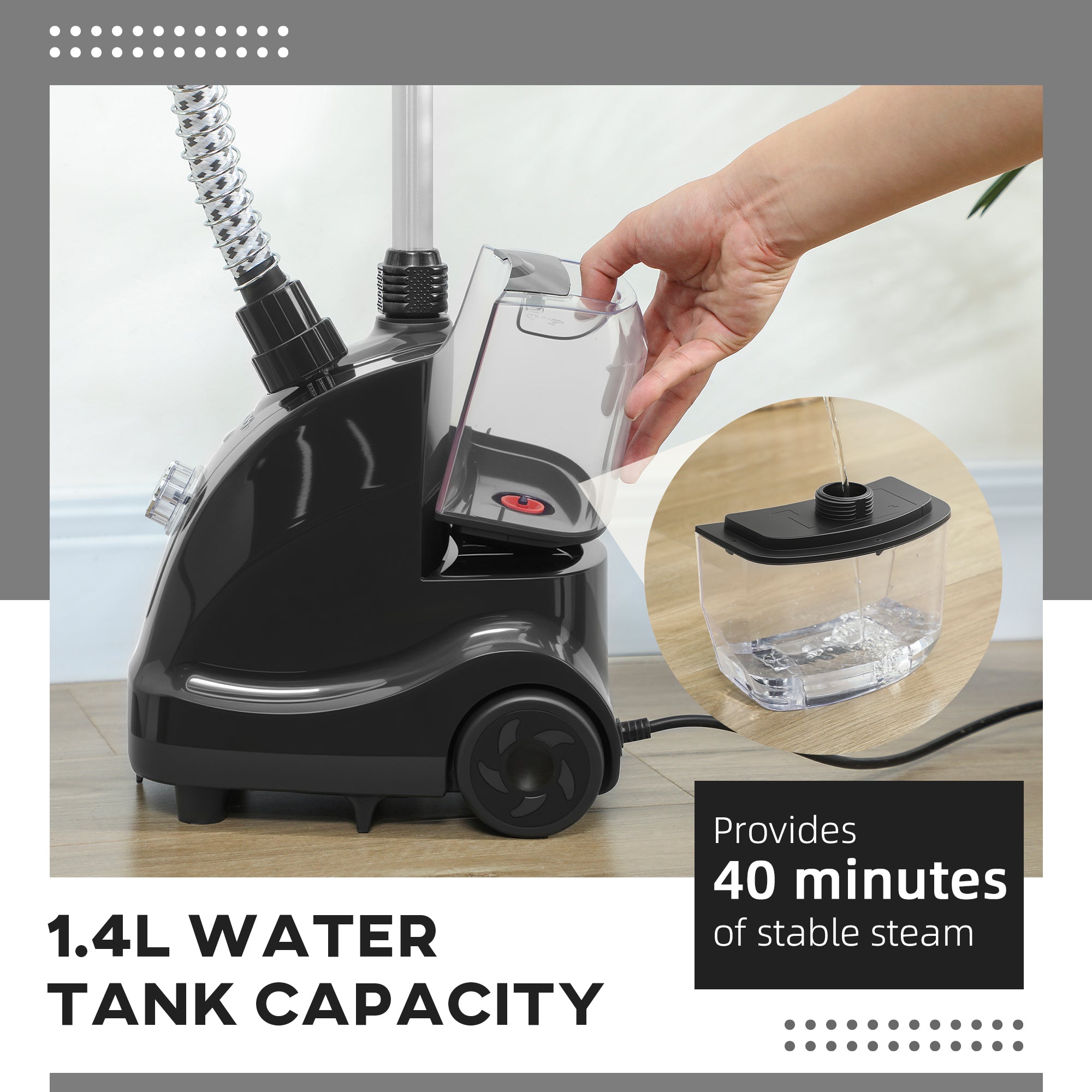 Clothes Steamer, Fabric Garment Steamer for Hanging, with Adjustable Telescopic Pole 41-110 cm, 1.4L, 1950W, 11 Level Steam Adjustment, Black
