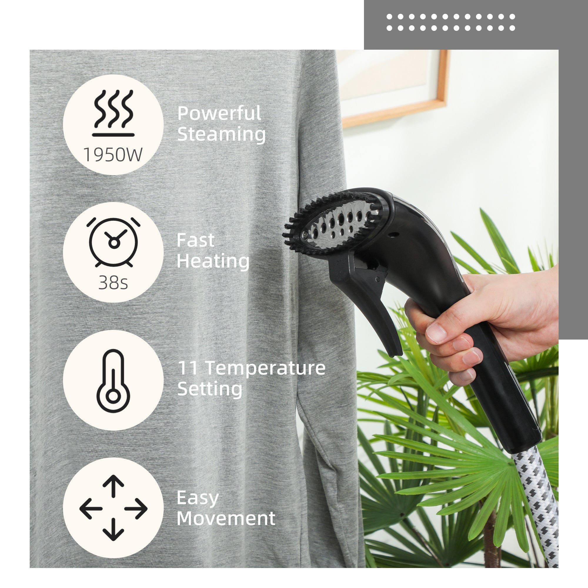 Clothes Steamer, Fabric Garment Steamer for Hanging, with Adjustable Telescopic Pole 41-110 cm, 1.4L, 1950W, 11 Level Steam Adjustment, Black