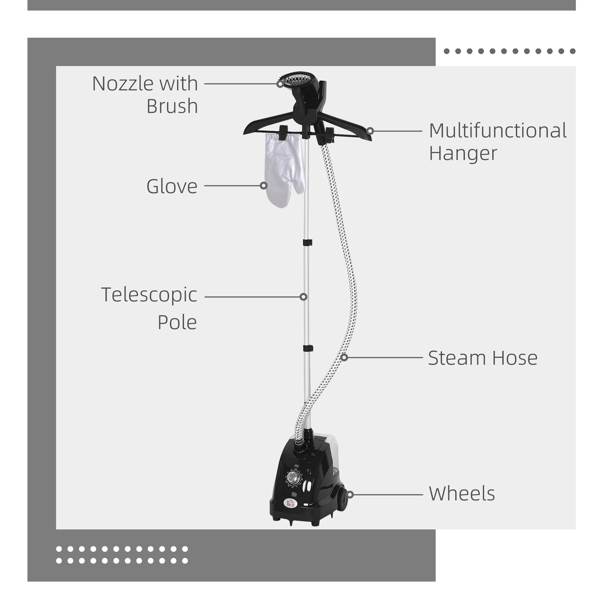 Clothes Steamer, Fabric Garment Steamer for Hanging, with Adjustable Telescopic Pole 41-110 cm, 1.4L, 1950W, 11 Level Steam Adjustment, Black