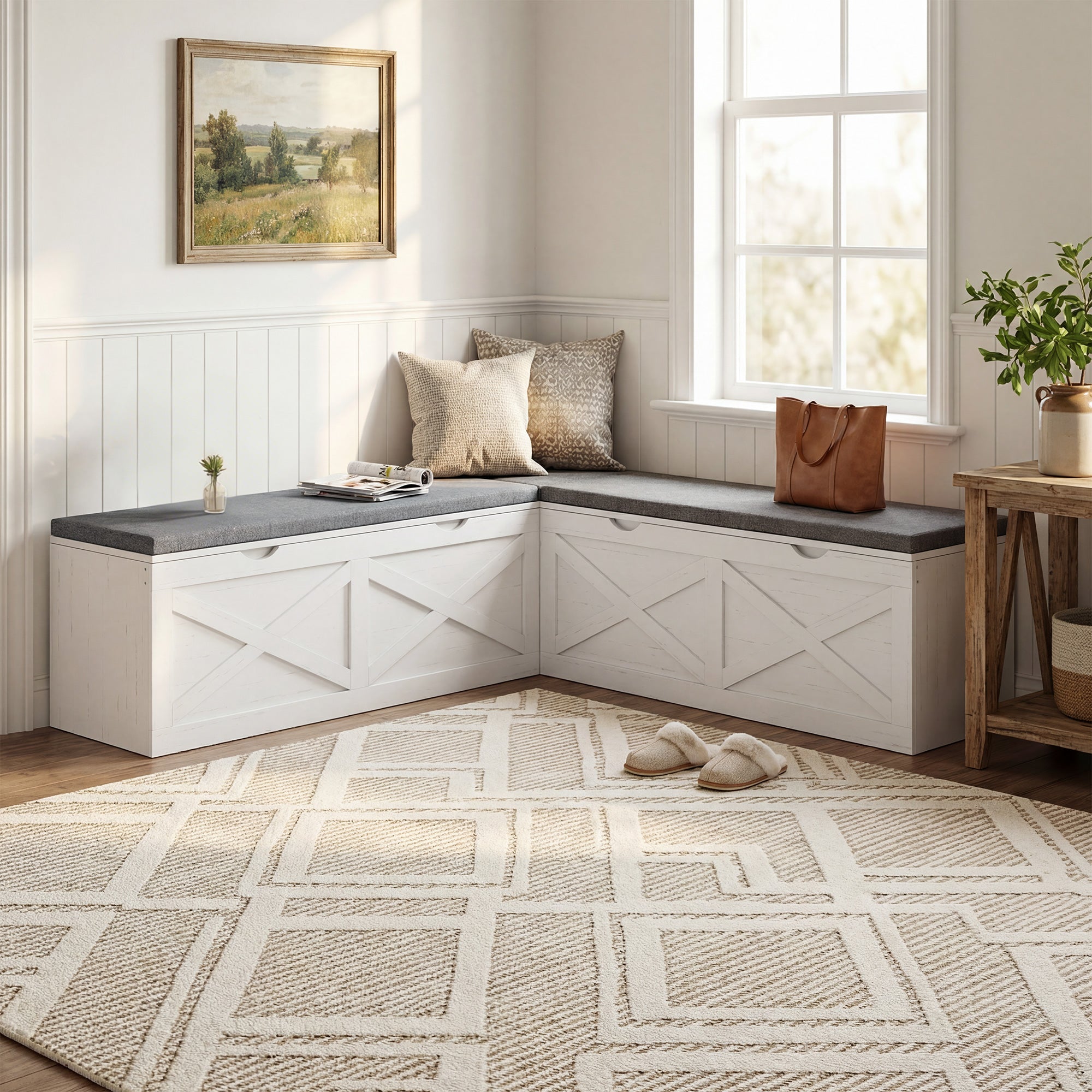 L-Shaped Shoe Bench with Padded Cushion, Modular Shoe Storage Bench with 5 Storage Compartments, Soft-Closing Design, Entryway Corner Bench for Hallway, White