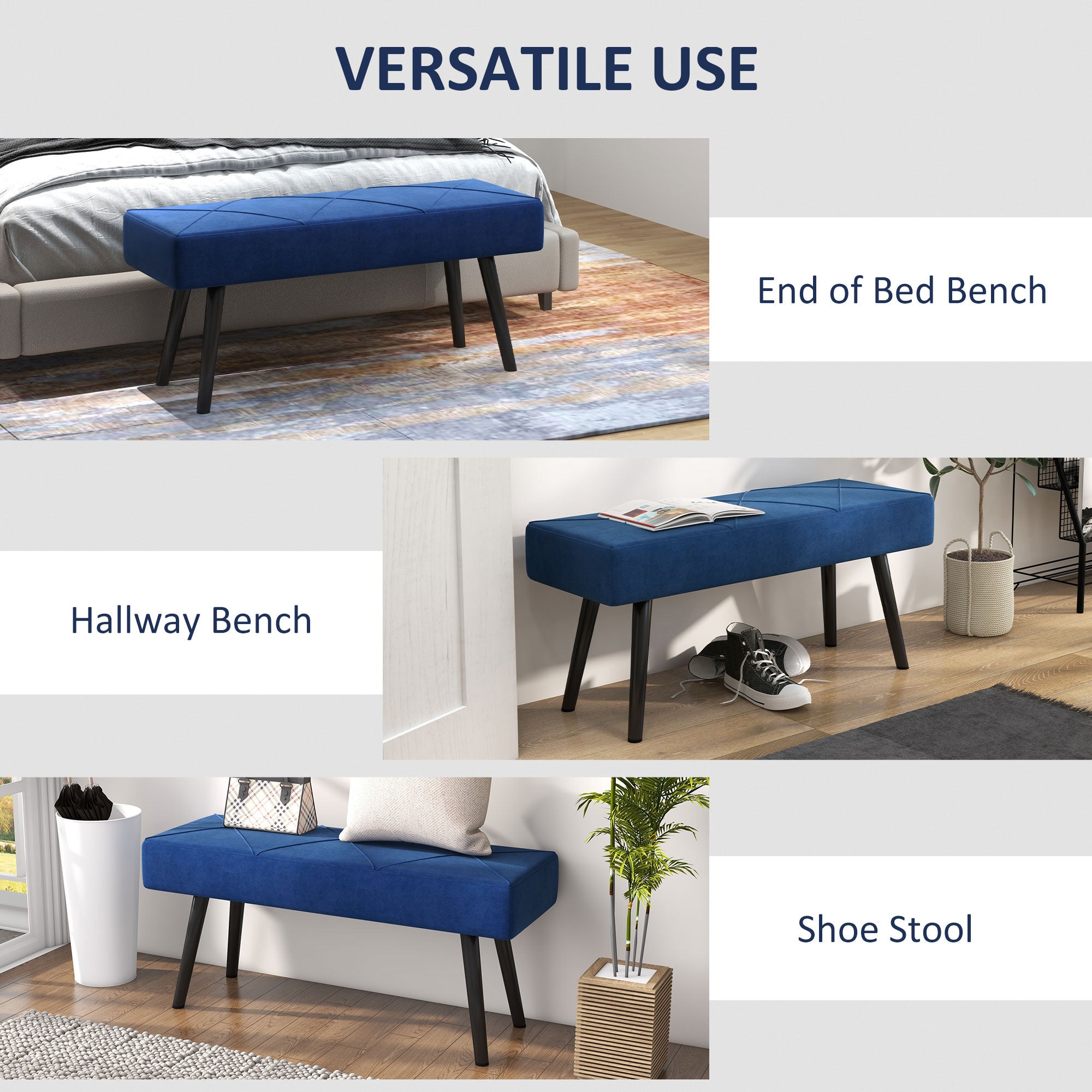 HOMCOM 39" End of Bed Bench, Velvet Upholstered Entryway Bench with Steel Legs, Bedroom Bench for Living Room, Dining Room, Hallway, Dark Blue