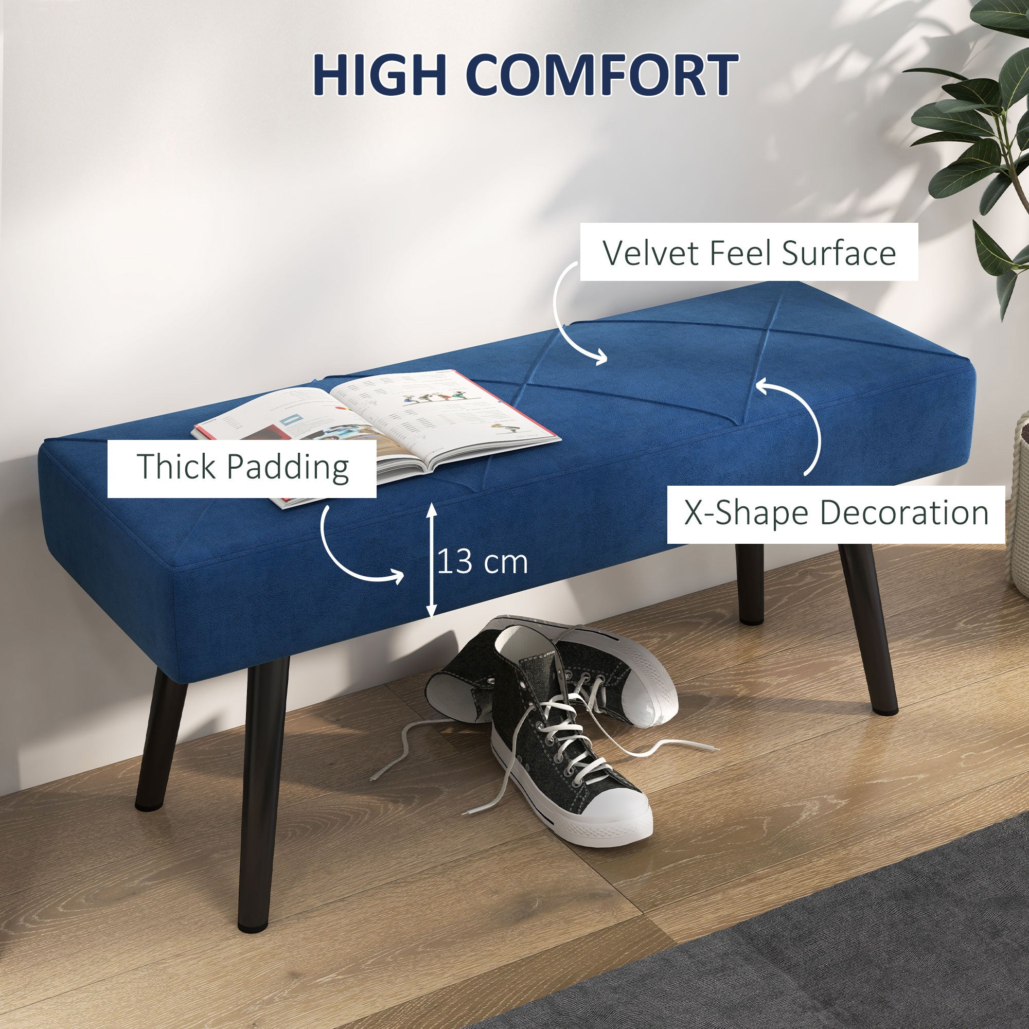 HOMCOM 39" End of Bed Bench, Velvet Upholstered Entryway Bench with Steel Legs, Bedroom Bench for Living Room, Dining Room, Hallway, Dark Blue