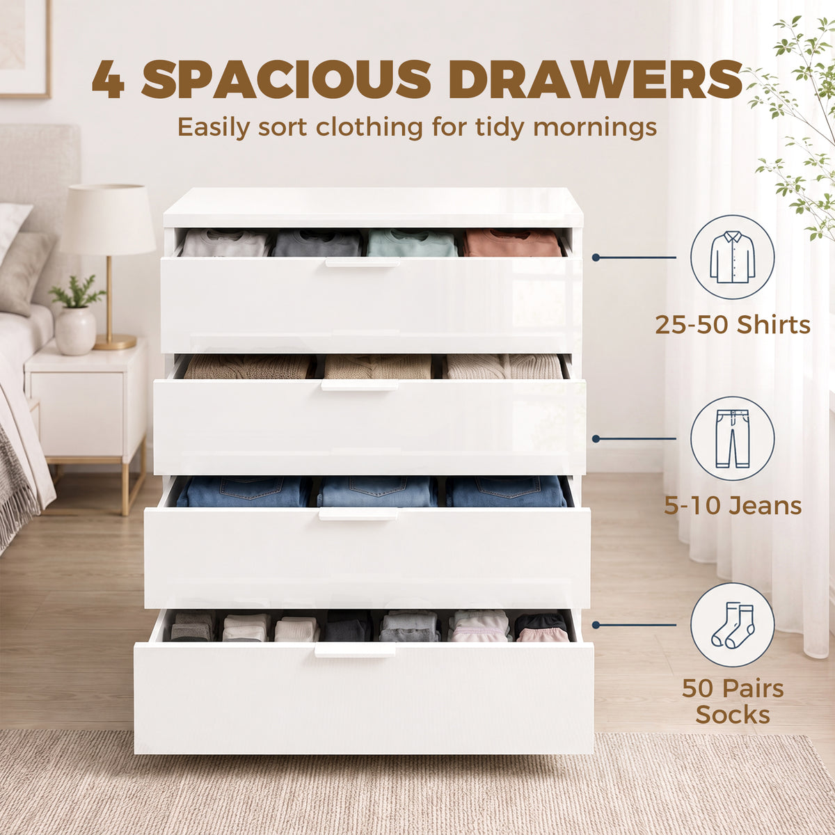 High Gloss Chest of Drawers with 4 Drawers, Modern Space-Saving Bedroom Storage Unit with Smooth Runners, Wooden Cupboard for Living Room, Office, Hallway, 70 x 34 x 79 cm, White