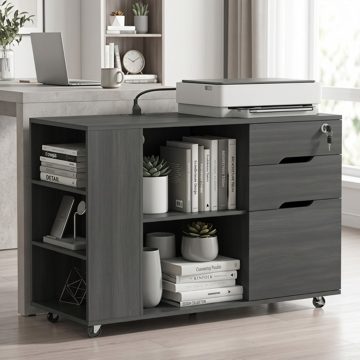 Lateral File Cabinet with Power Outlets, Drawers, Mobile Filing Cabinets, Cubbies, Shelves, Home Office Printer Stand, for A4, Letter Files, Home Office, Black Wood Grain