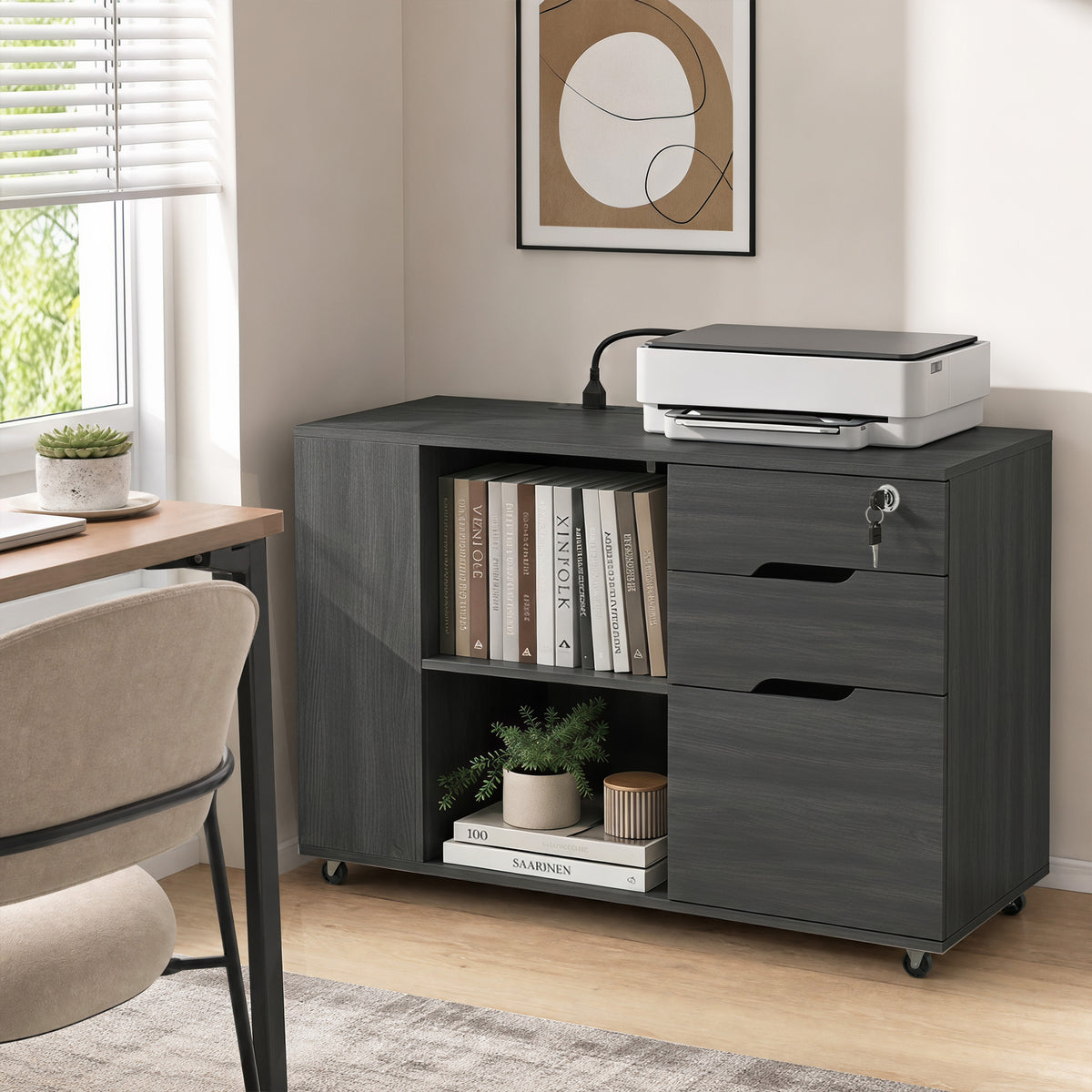 Lateral File Cabinet with Power Outlets, Drawers, Mobile Filing Cabinets, Cubbies, Shelves, Home Office Printer Stand, for A4, Letter Files, Home Office, Black Wood Grain