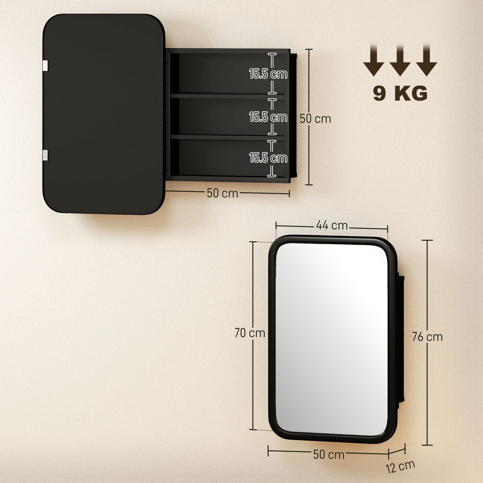 Bathroom Medicine Cabinet with Tempered Mirror, Metal Bathroom Mirror Cabinet Wall Mounted with 3 Shelves and 180° Swing Door for Hallway or Bathroom, Black