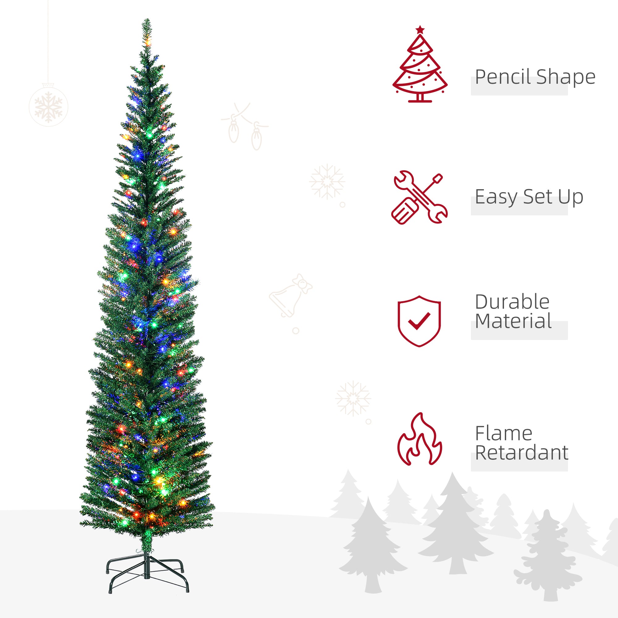 7.5ft Pre Lit Artificial Christmas Tree Holiday Décor with 200 Colourful LED Lights and 529 Tips, Pencil Shape, Steel Base