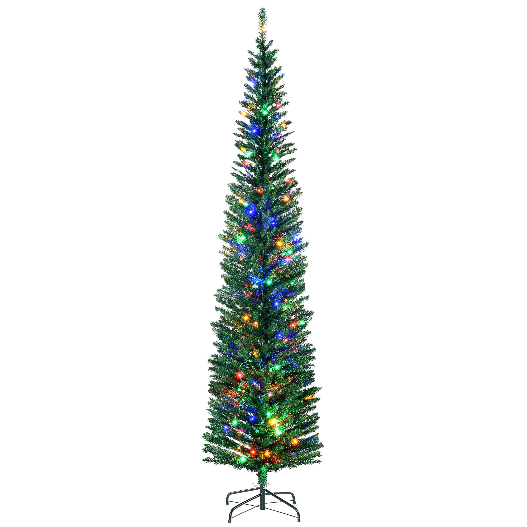 7.5ft Pre Lit Artificial Christmas Tree Holiday Décor with 200 Colourful LED Lights and 529 Tips, Pencil Shape, Steel Base