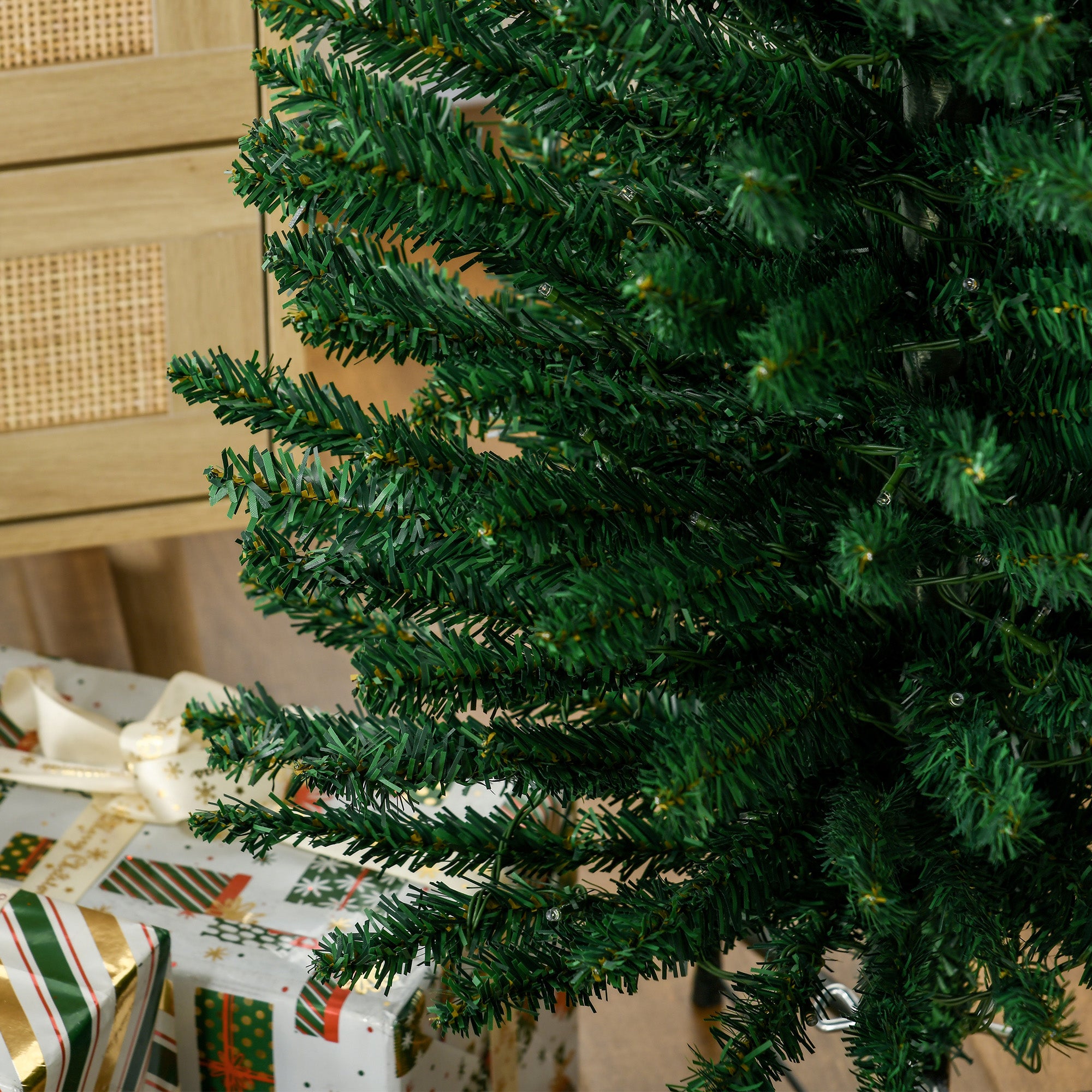 7.5ft Pre Lit Artificial Christmas Tree Holiday Décor with 200 Colourful LED Lights and 529 Tips, Pencil Shape, Steel Base