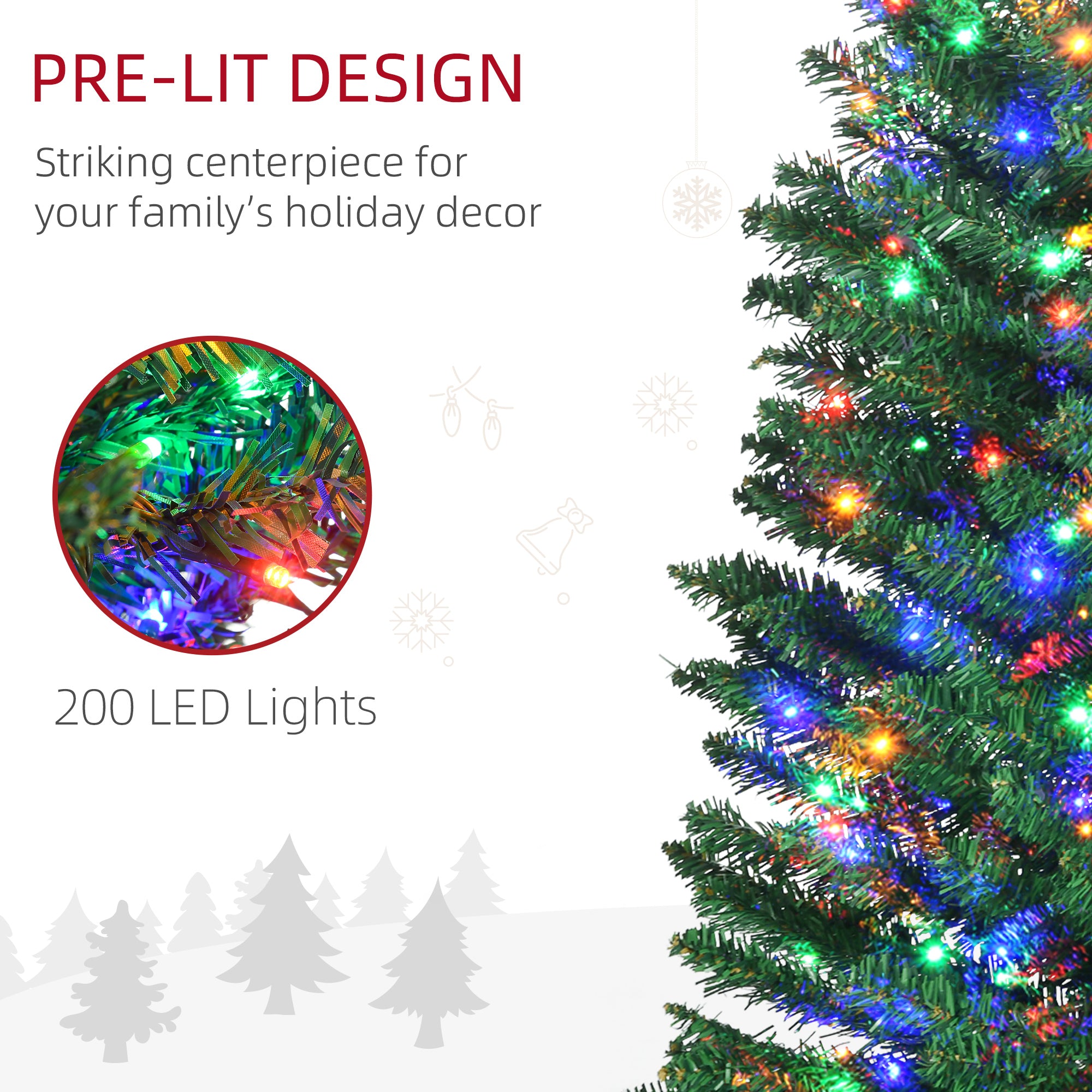 7.5ft Pre Lit Artificial Christmas Tree Holiday Décor with 200 Colourful LED Lights and 529 Tips, Pencil Shape, Steel Base