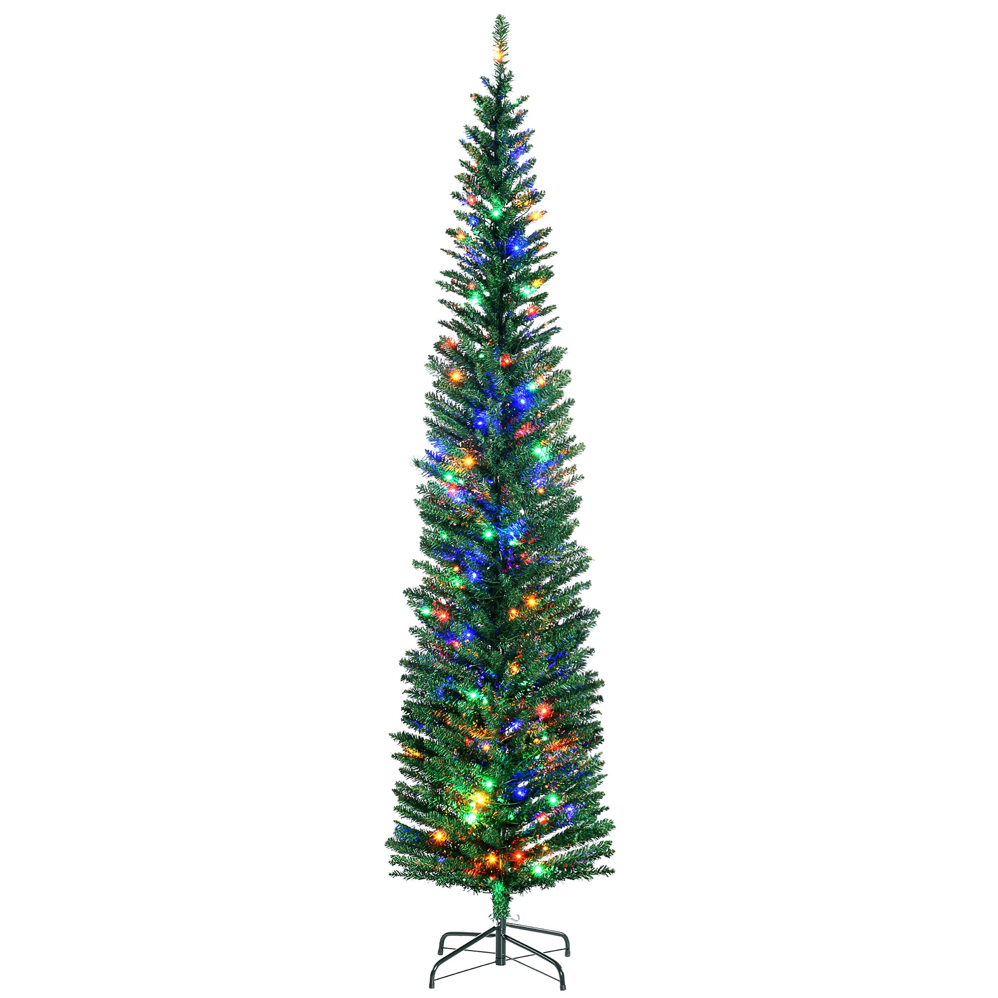 7.5ft Pre Lit Artificial Christmas Tree Holiday Décor with 200 Colourful LED Lights and 529 Tips, Pencil Shape, Steel Base