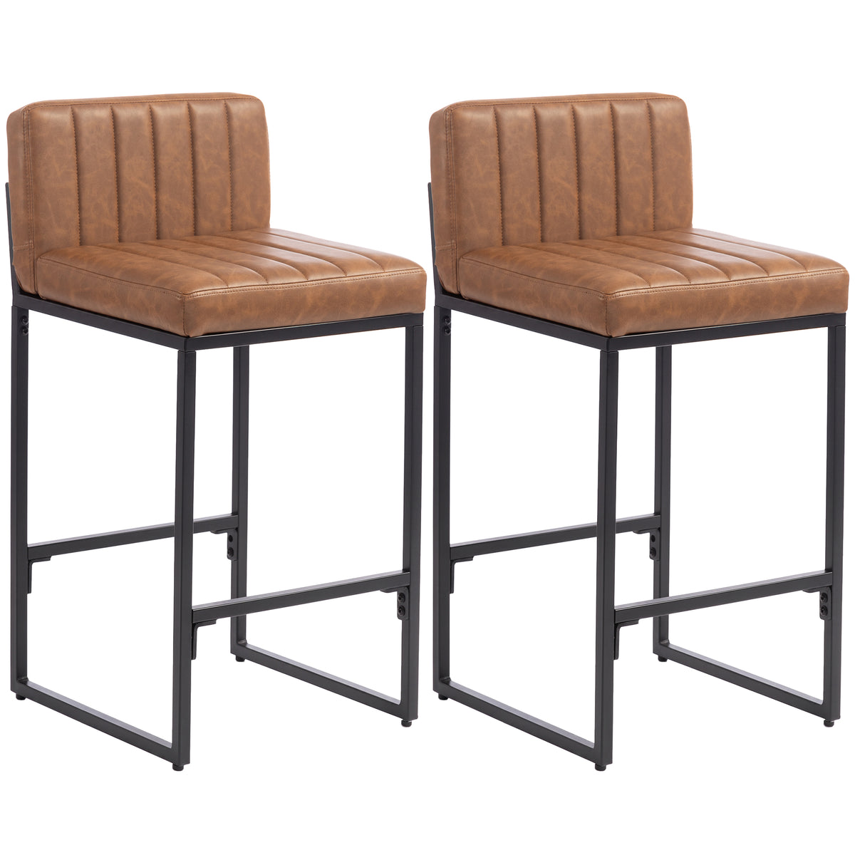 Bar Stools Set of 2, Retro Padded Counter Height Stools with Back and Metal Leg, Vintage PU Leather, Easy-Clean Kitchen Chairs, Brown