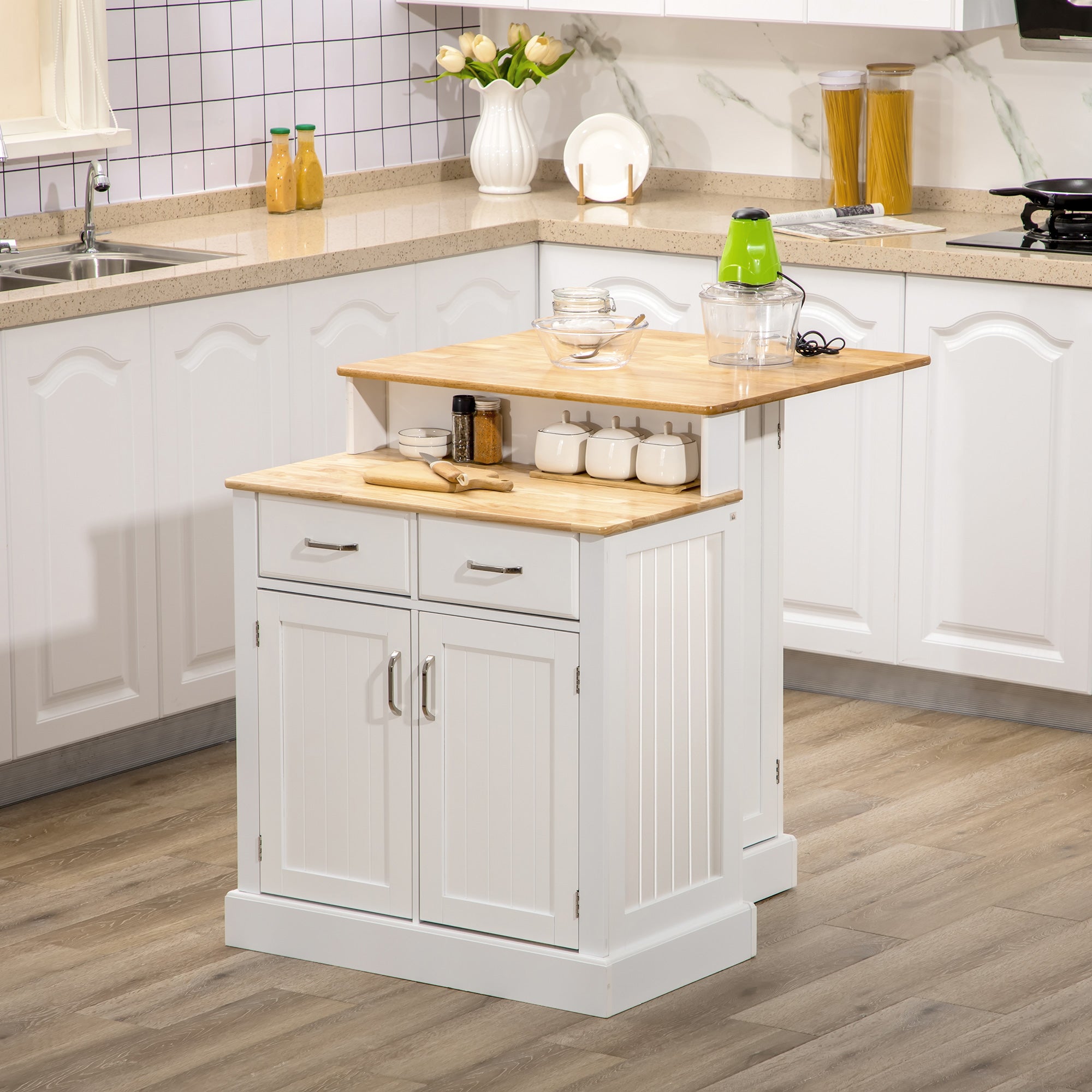 Kitchen Island with Storage Cabinet and 2 Level Rubber Wood Tabletop White