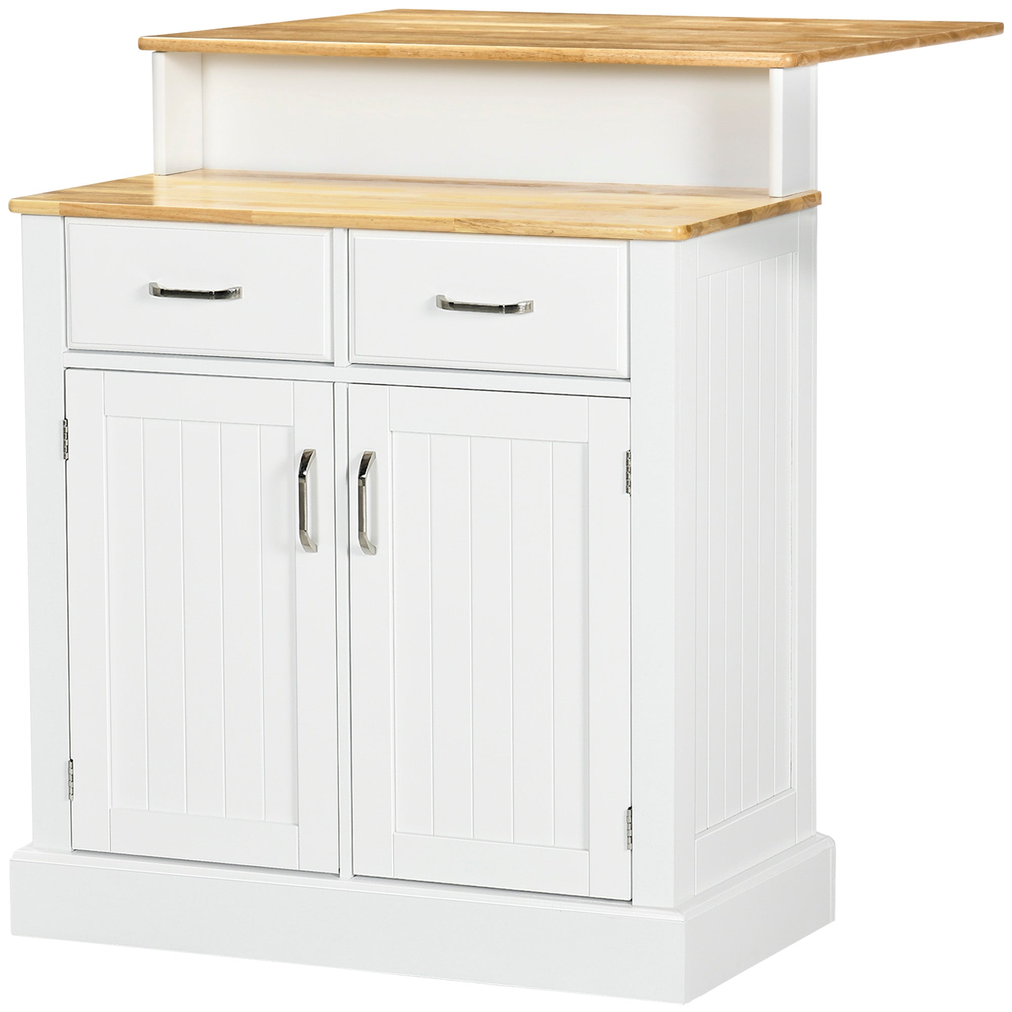 Kitchen Island with Storage Cabinet and 2 Level Rubber Wood Tabletop White