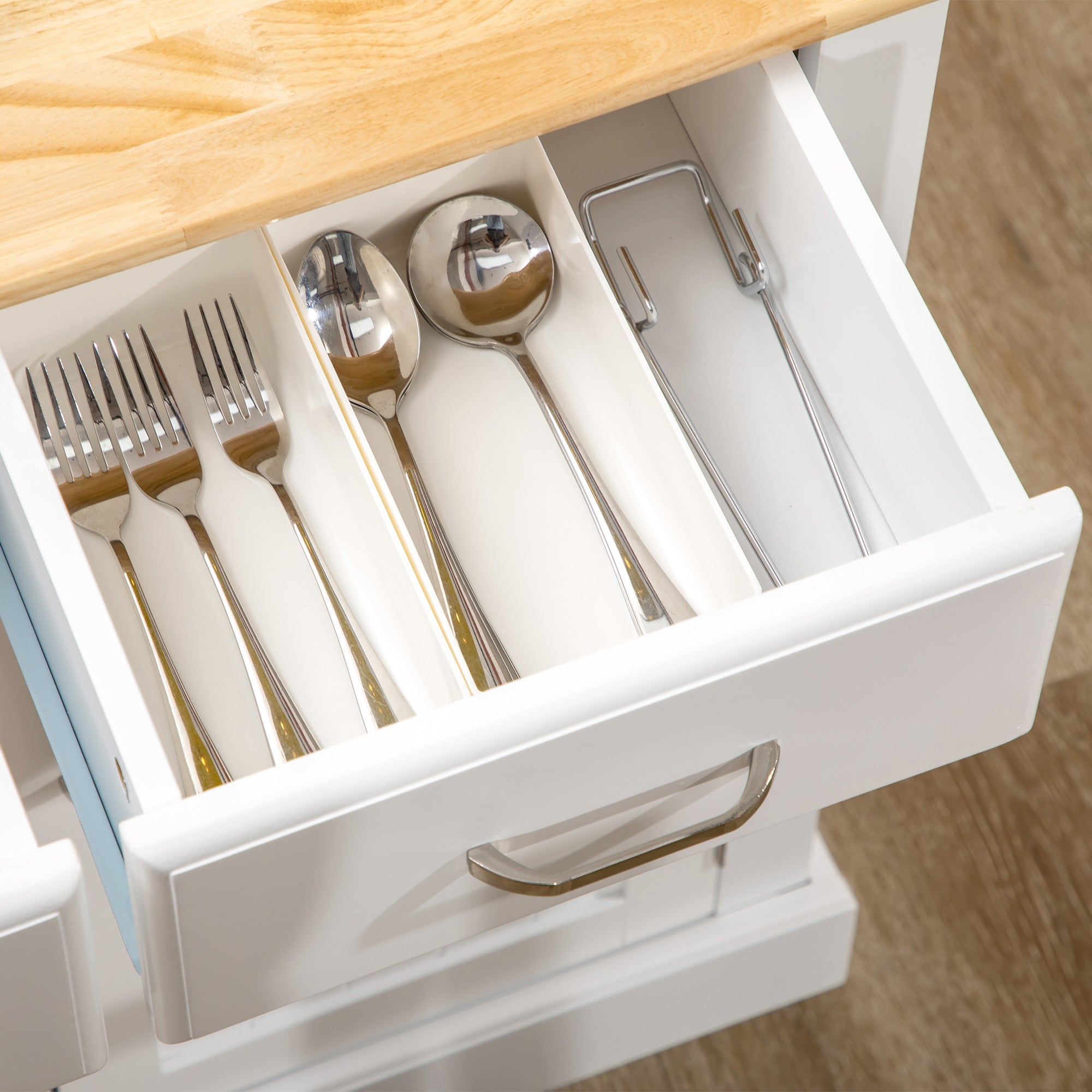 Kitchen Island with Storage Cabinet and 2 Level Rubber Wood Tabletop White