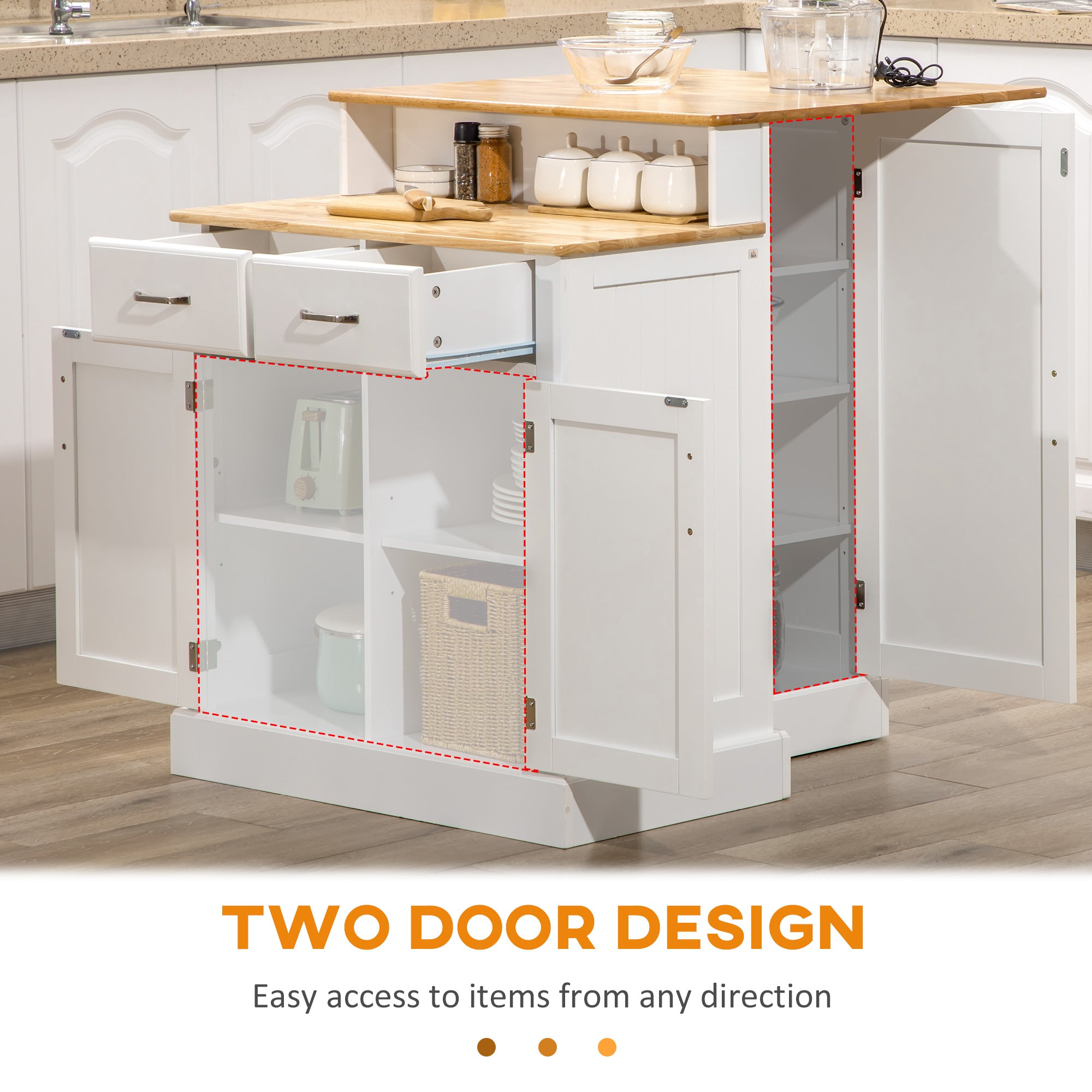 Kitchen Island with Storage Cabinet and 2 Level Rubber Wood Tabletop White