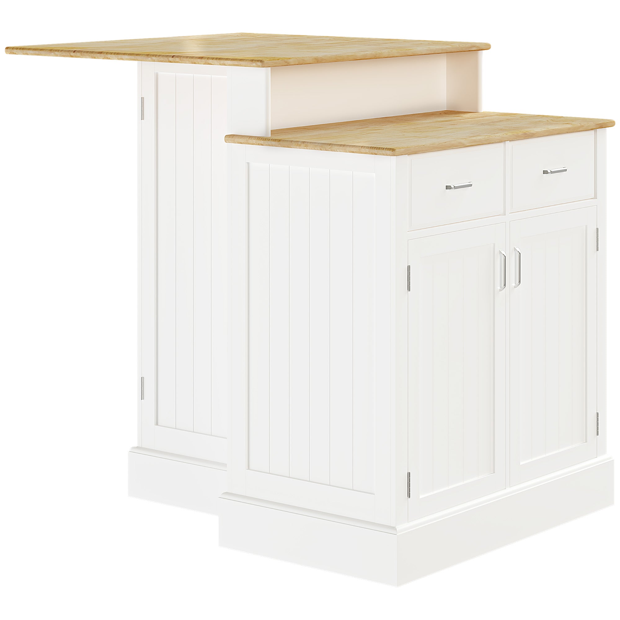 Kitchen Island with Storage Cabinet and 2 Level Rubber Wood Tabletop White