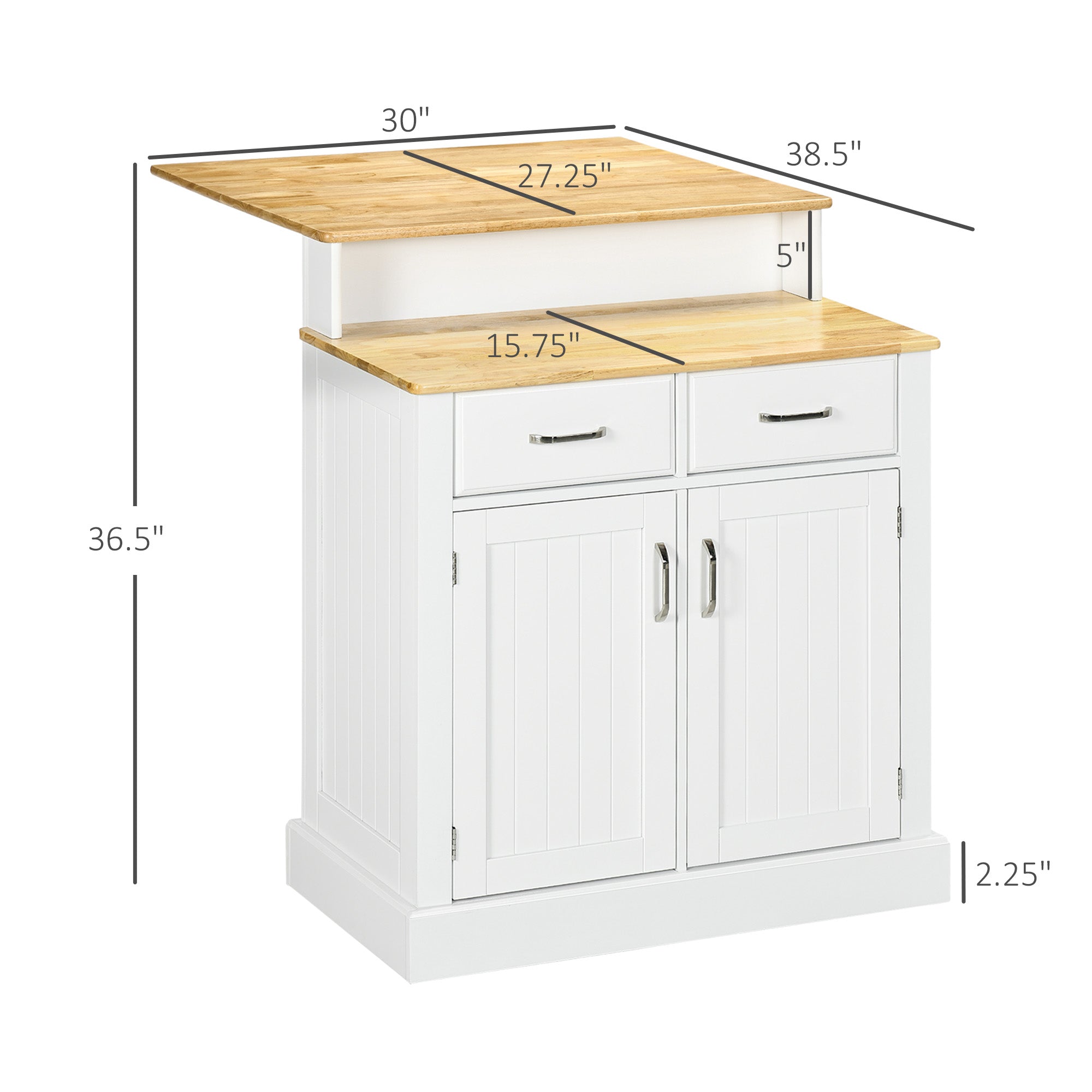 Kitchen Island with Storage Cabinet and 2 Level Rubber Wood Tabletop White