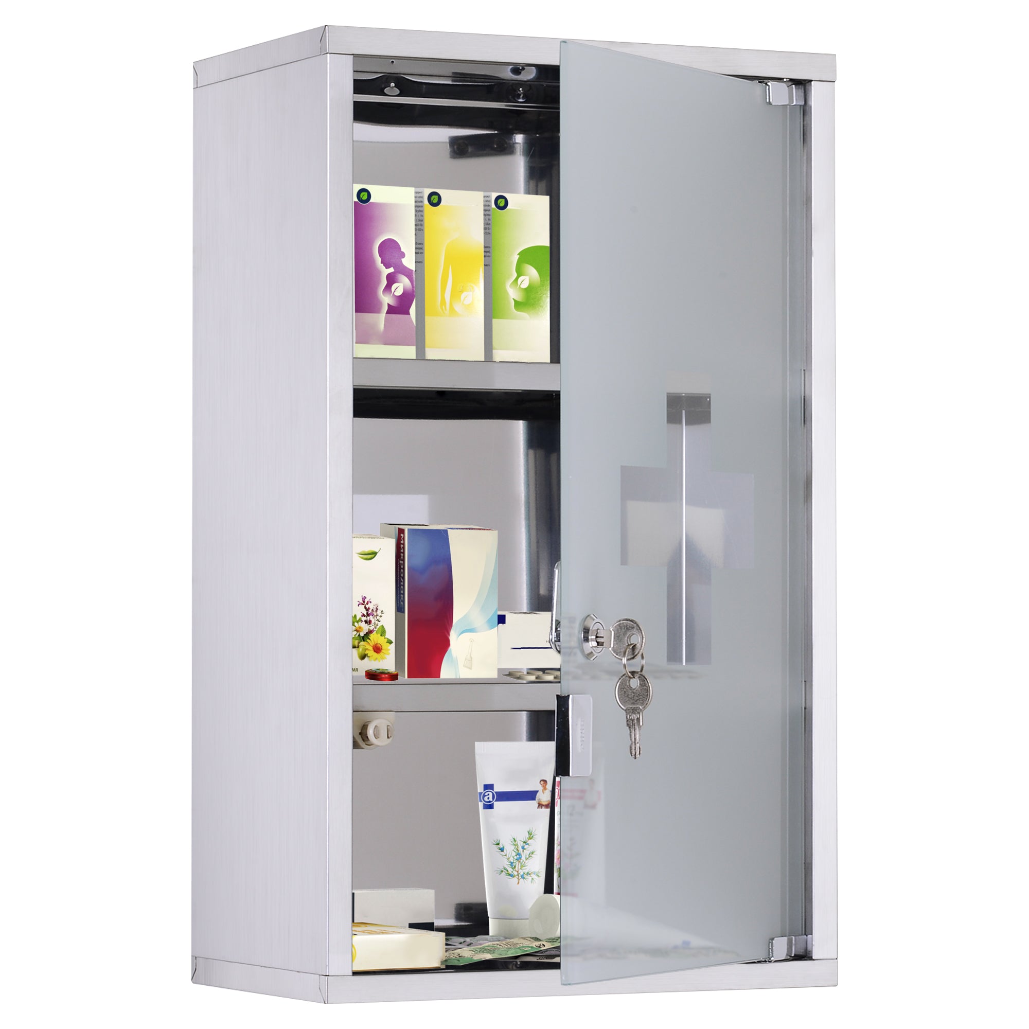 12" x 20" Stainless Steel Lockable Medicine Cabinet with 2 Keys and Shelves for Bathroom