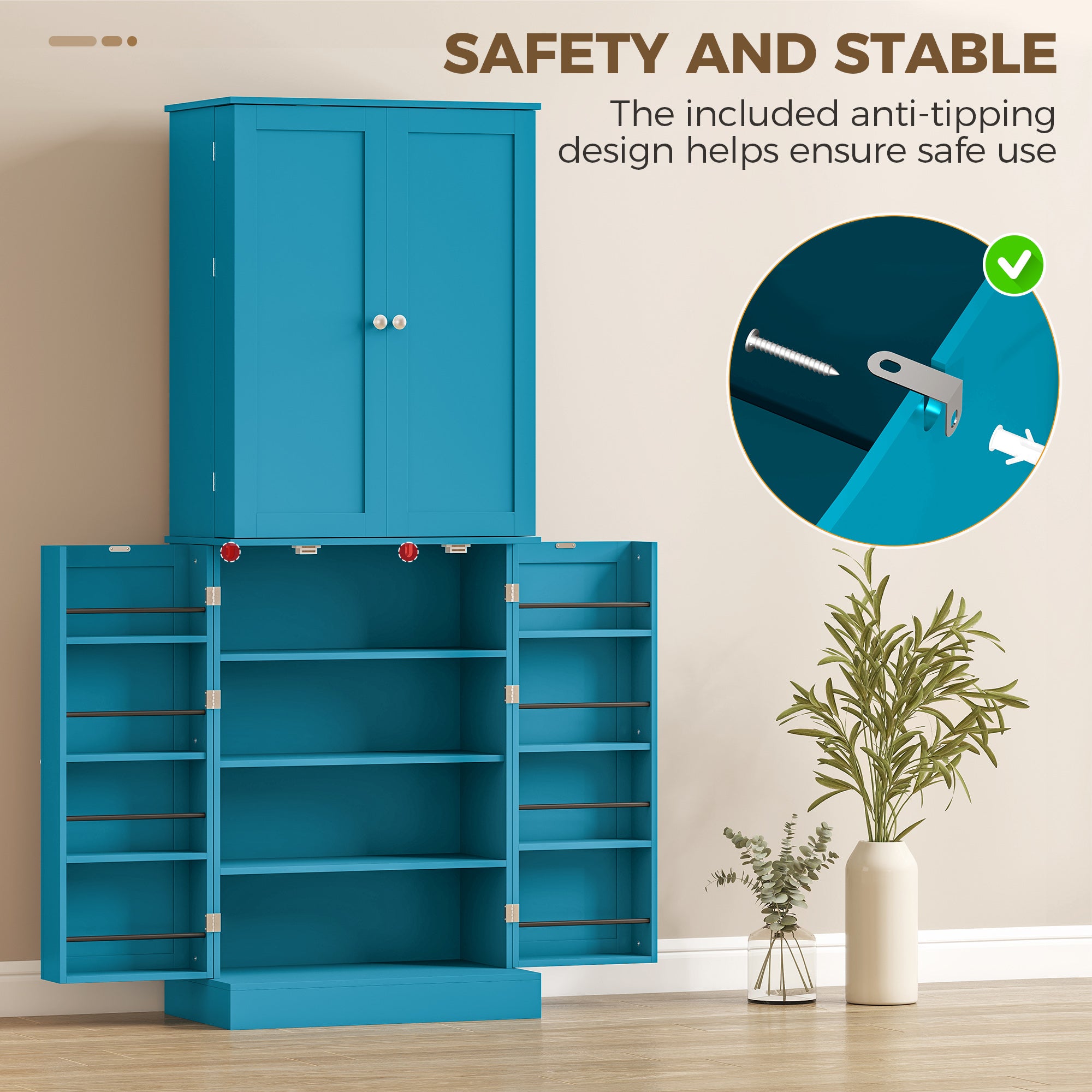 65" Kitchen Pantry Cabinet, Modern Storage Cabinet with Doors and Shelves, Freestanding Cupboard for Dining Room, Blue