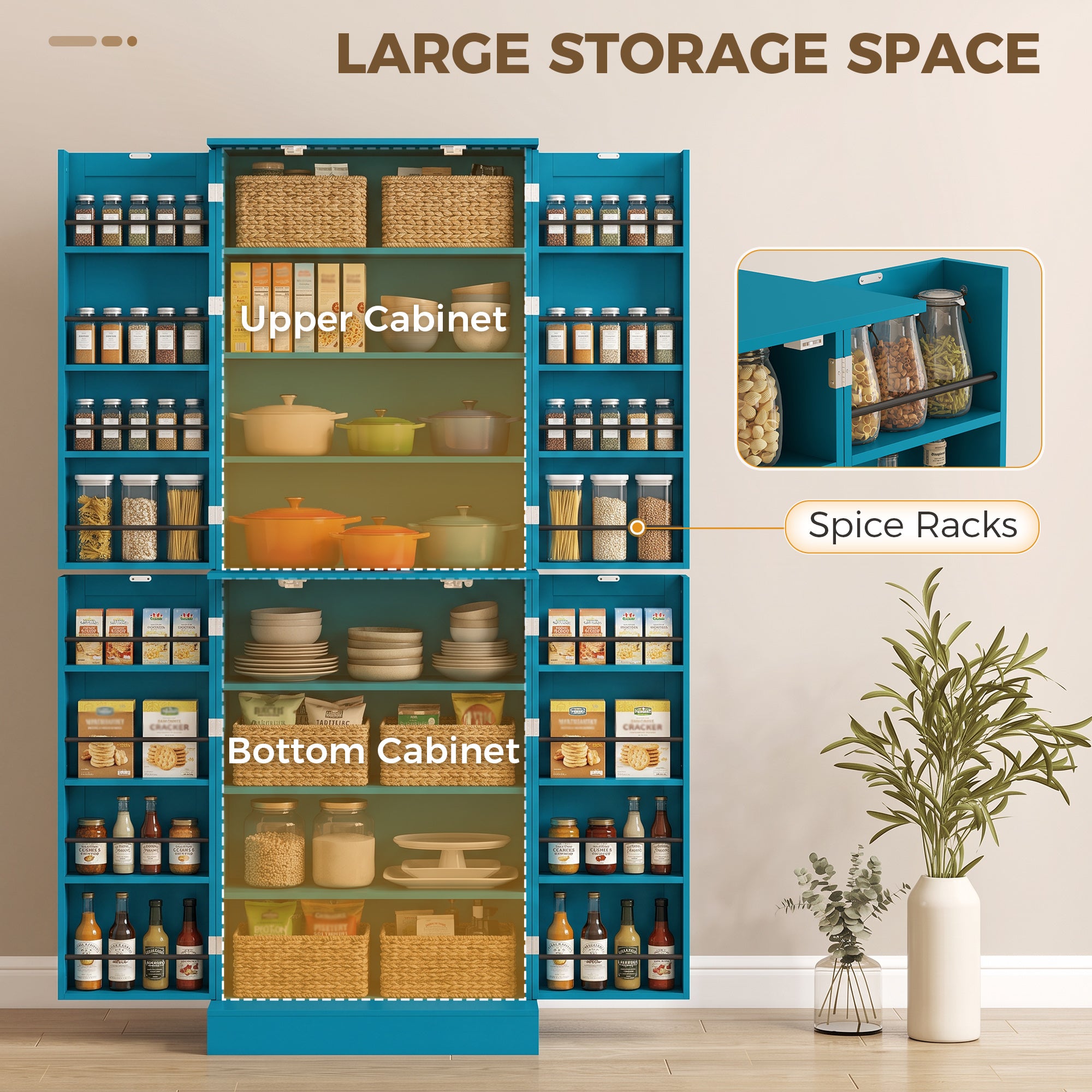 65" Kitchen Pantry Cabinet, Modern Storage Cabinet with Doors and Shelves, Freestanding Cupboard for Dining Room, Blue