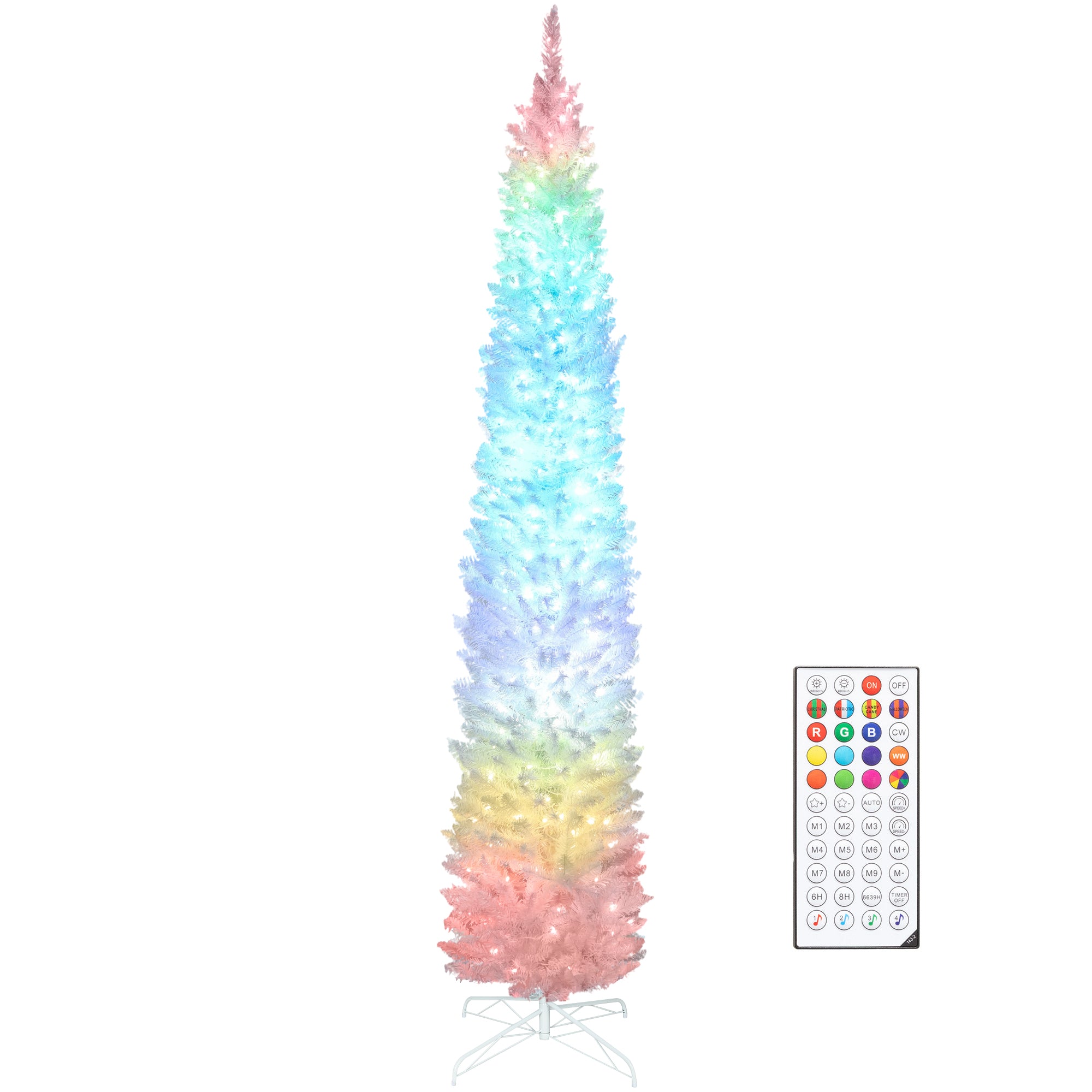 9ft Prelit Christmas Tree with Colourful DIY Synchronized LED Lights, Hinged Pencil Xmas Tree with Remote, 12 Modes, Daily Timer, Adjustable Brightness and Speed, White