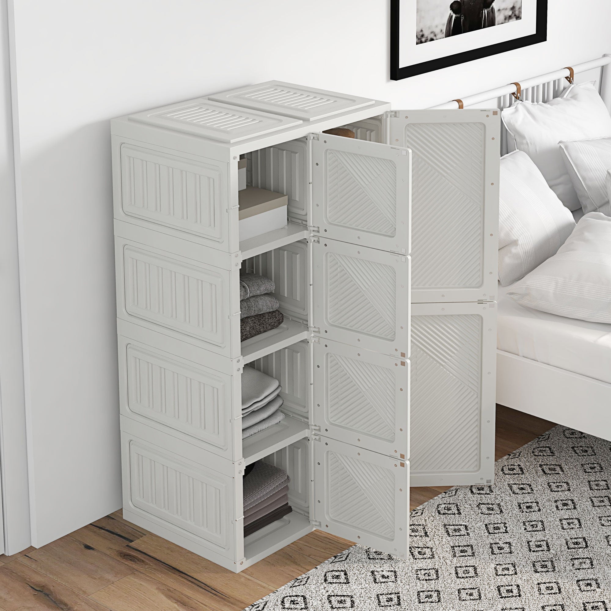 HOMCOM Portable Wardrobe Closet Cabinet Foldable Plastic Clothes Storage Organzier for Bedroom with 8 Cube Compartments Magnet Doors Easy Assembly White