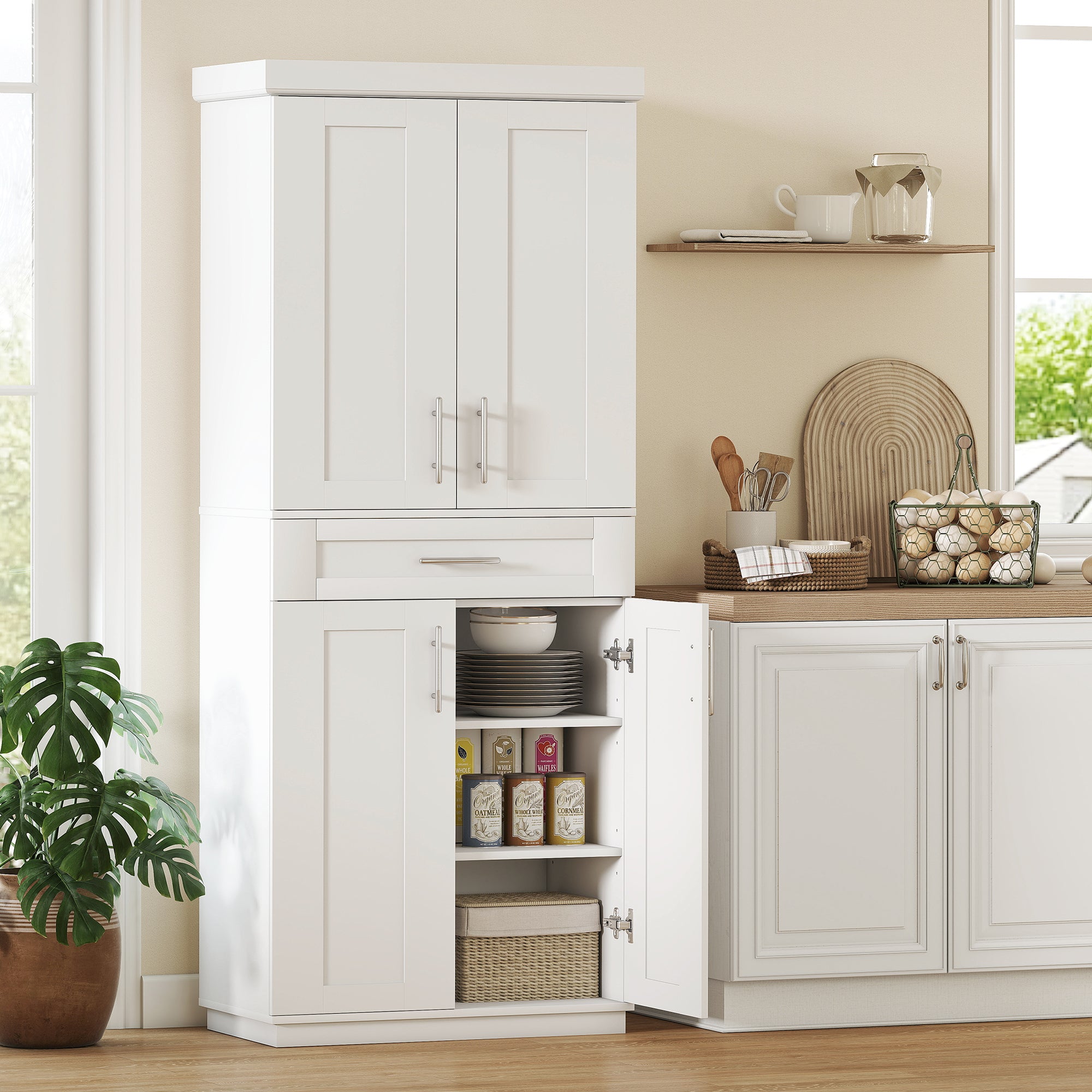 72" Kitchen Pantry Cabinet, Freestanding Tall Storage Cabinet with 4 Doors, Drawer and 3 Adjustable Shelves for Dining Room, White