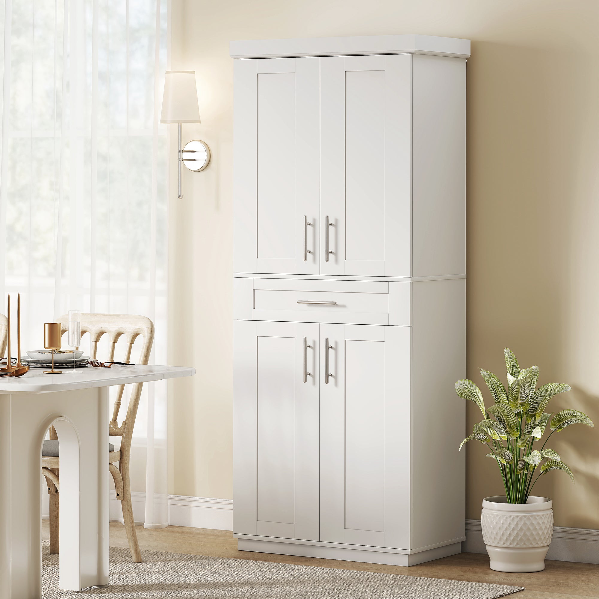 72" Kitchen Pantry Cabinet, Freestanding Tall Storage Cabinet with 4 Doors, Drawer and 3 Adjustable Shelves for Dining Room, White