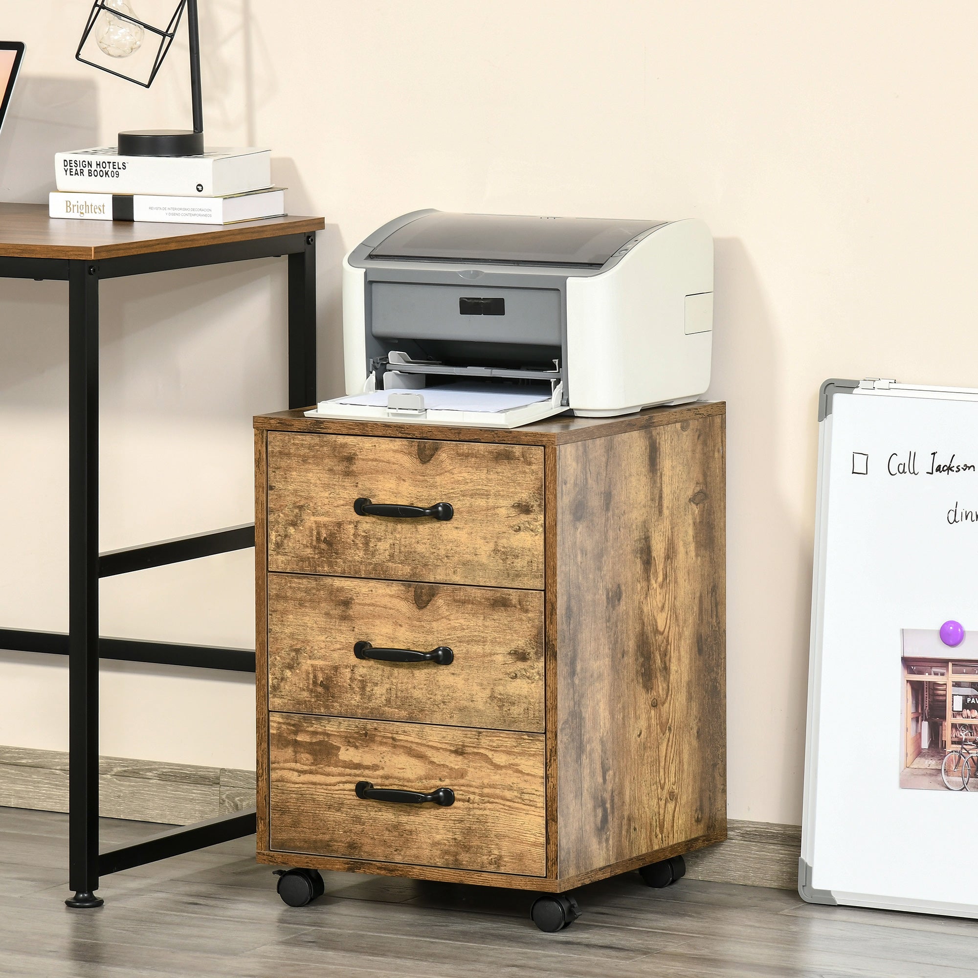 HOMCOM Mobile Filing Cabinet with 3 Drawers, Under Desk File Cabinet, Rustic Brown