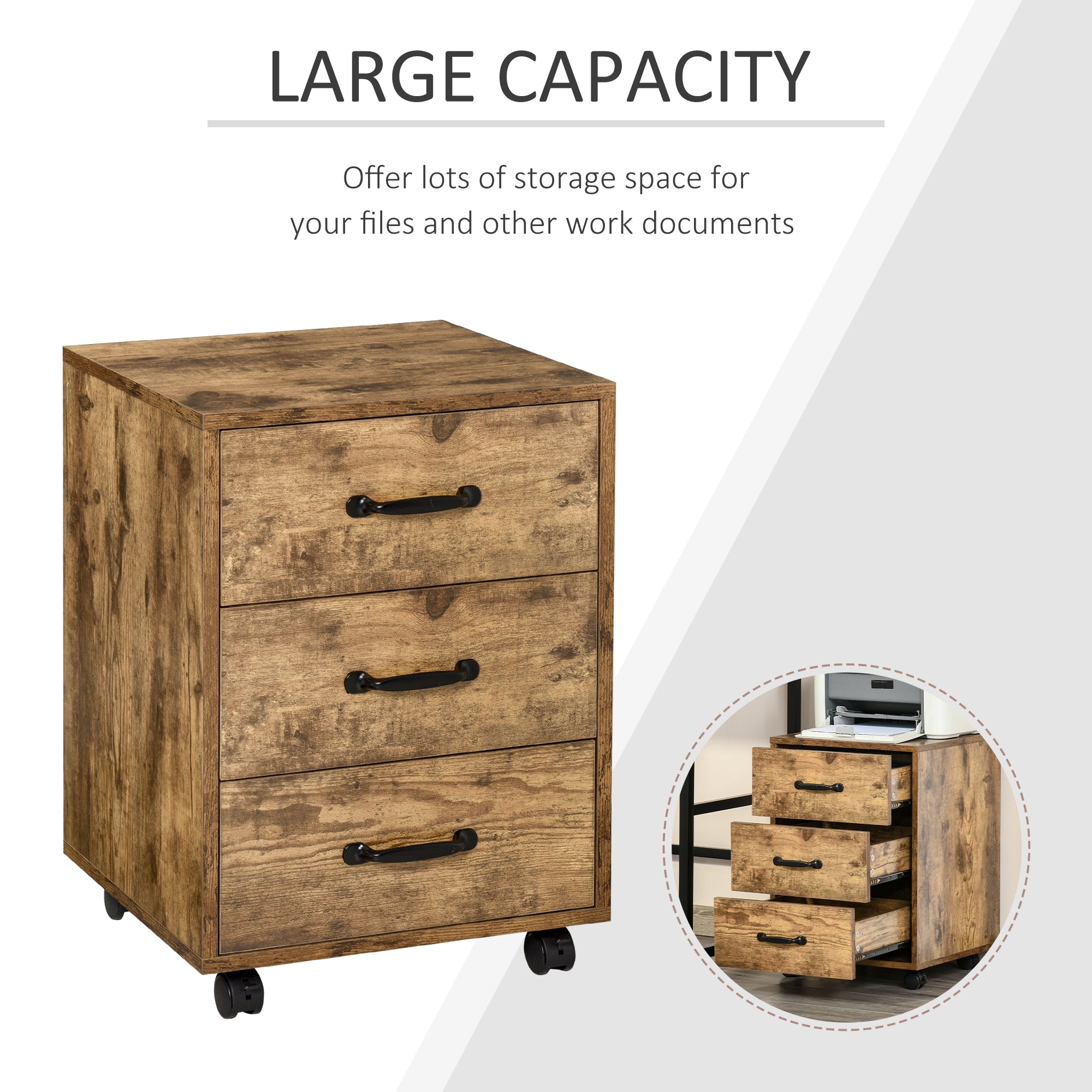 HOMCOM Mobile Filing Cabinet with 3 Drawers, Under Desk File Cabinet, Rustic Brown