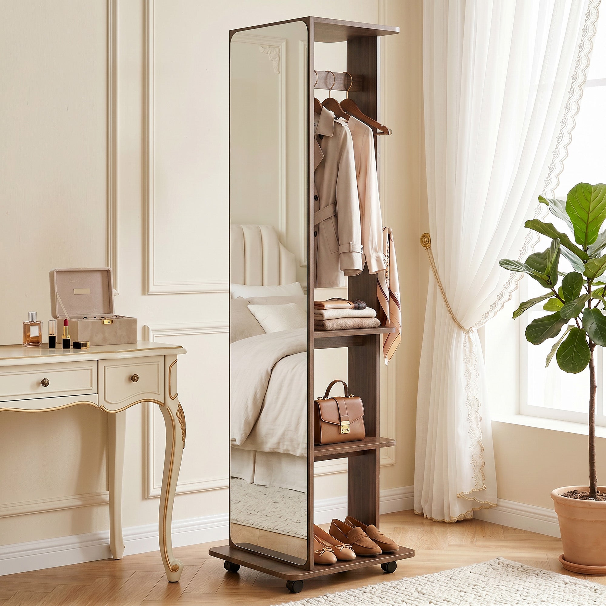 15" x 62" Full Length Mirror, Tempered Glass Floor Mirror on Wheels with Storage Shelves, Coat Hangers for Bedroom, Living Room, Brown Wood Grain