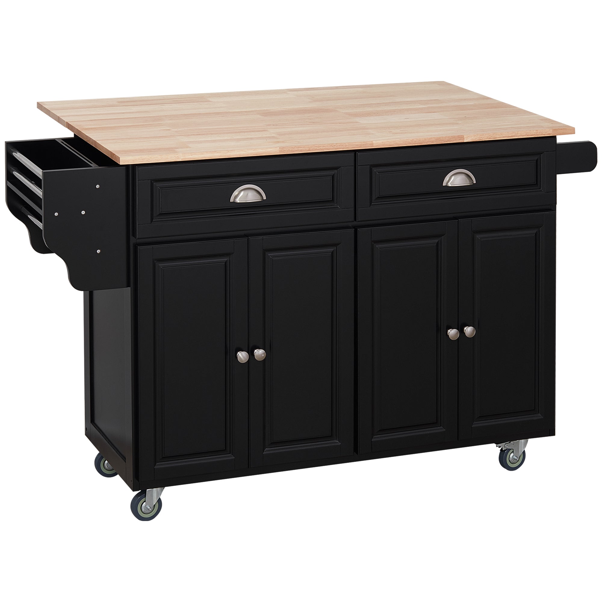 Rolling Kitchen Island Drop Leaf Kitchen Cart on Wheels Solid Wood Top with Storage Drawers Black