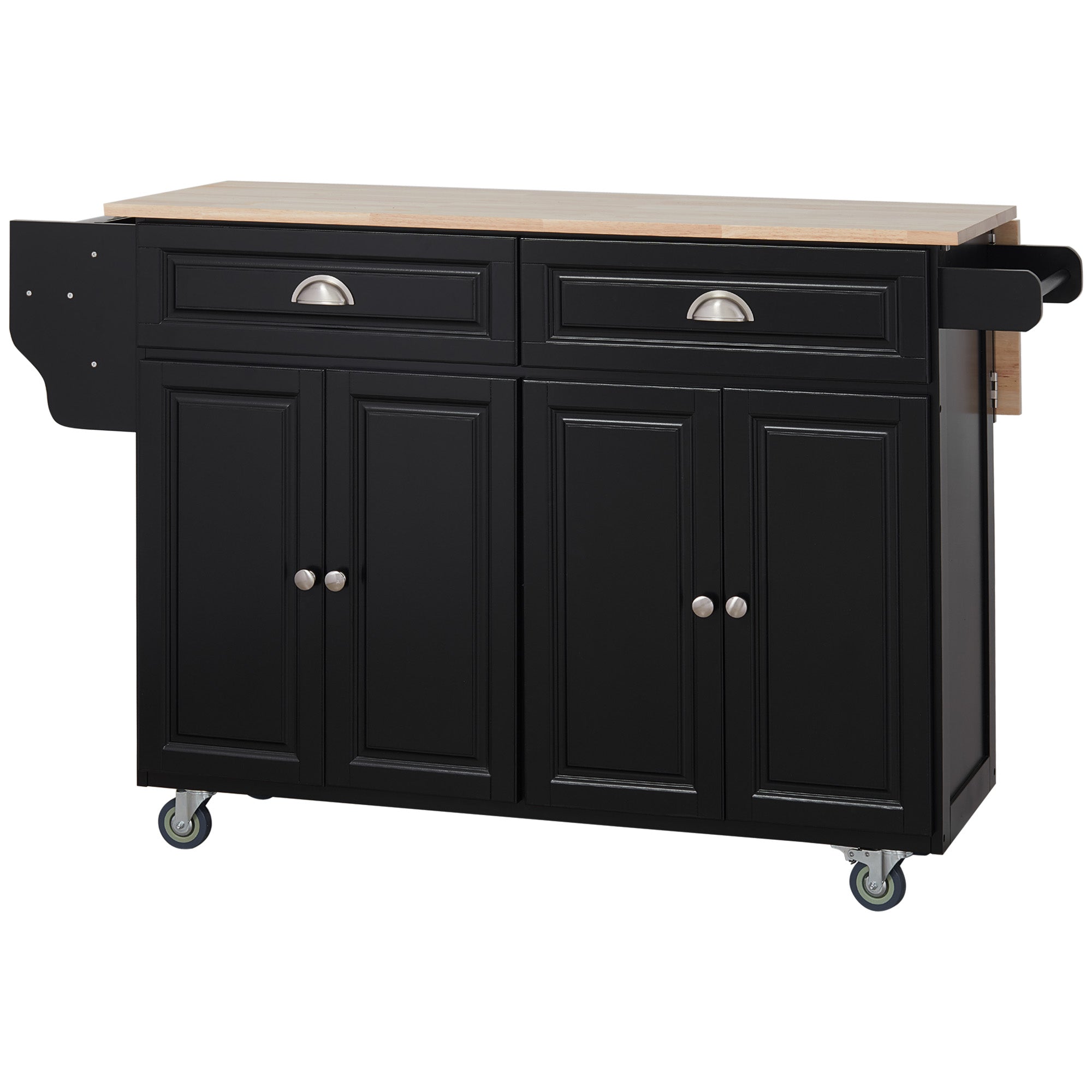 Rolling Kitchen Island Drop Leaf Kitchen Cart on Wheels Solid Wood Top with Storage Drawers Black