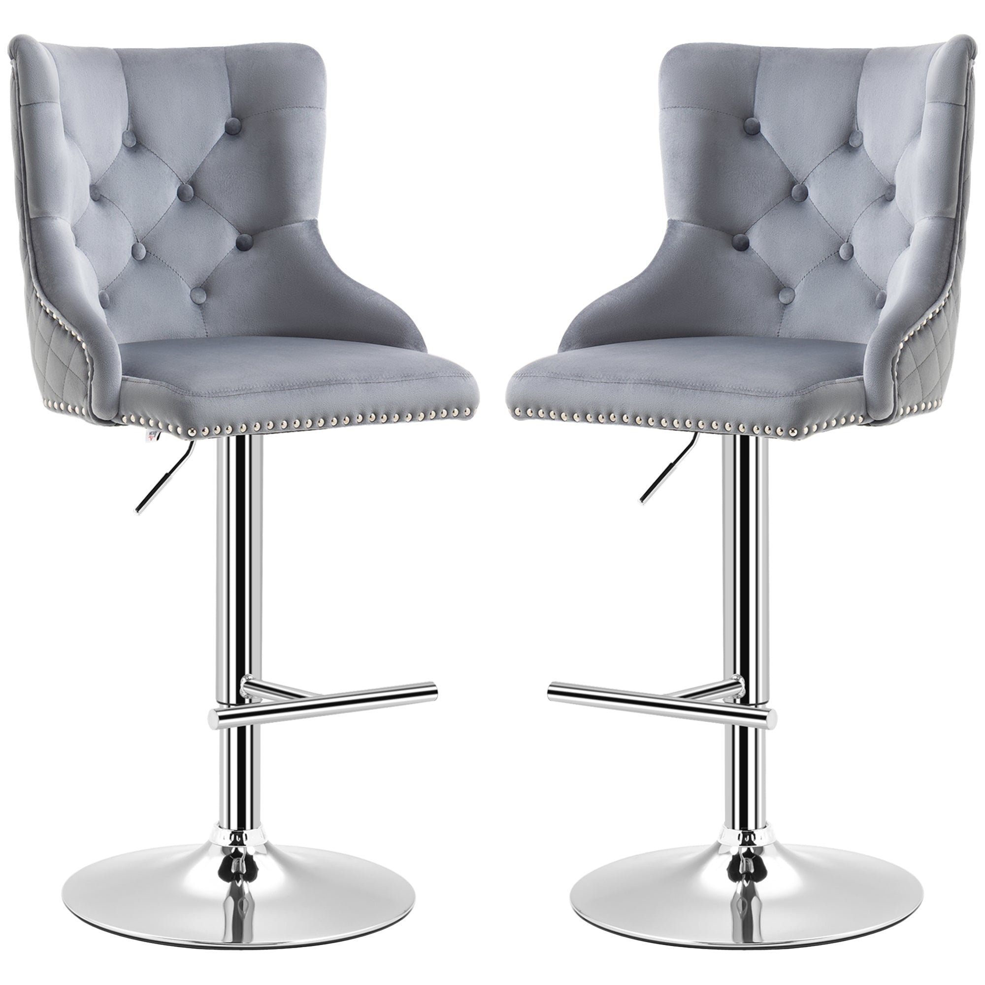 HOMCOM Modern Adjustable Bar Stools Set of 2, Swivel Velvet Barstools, Counter Height Bar Chairs with Button Tufted Back, Footrest, Nailhead Trim for Home Bar, Grey