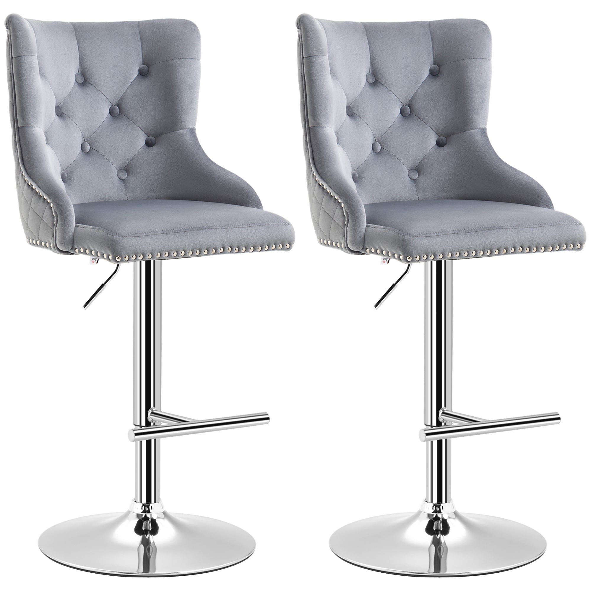 HOMCOM Modern Adjustable Bar Stools Set of 2, Swivel Velvet Barstools, Counter Height Bar Chairs with Button Tufted Back, Footrest, Nailhead Trim for Home Bar, Grey